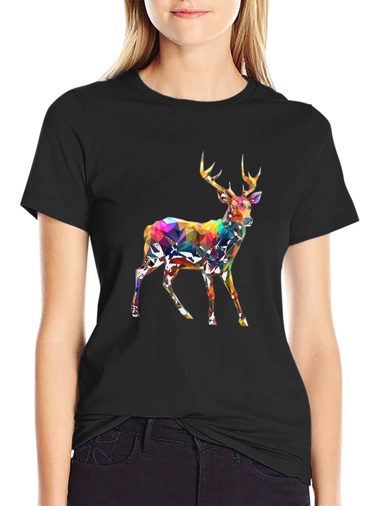 Geometric Deer Graphic Tee - Black Cotton Blend