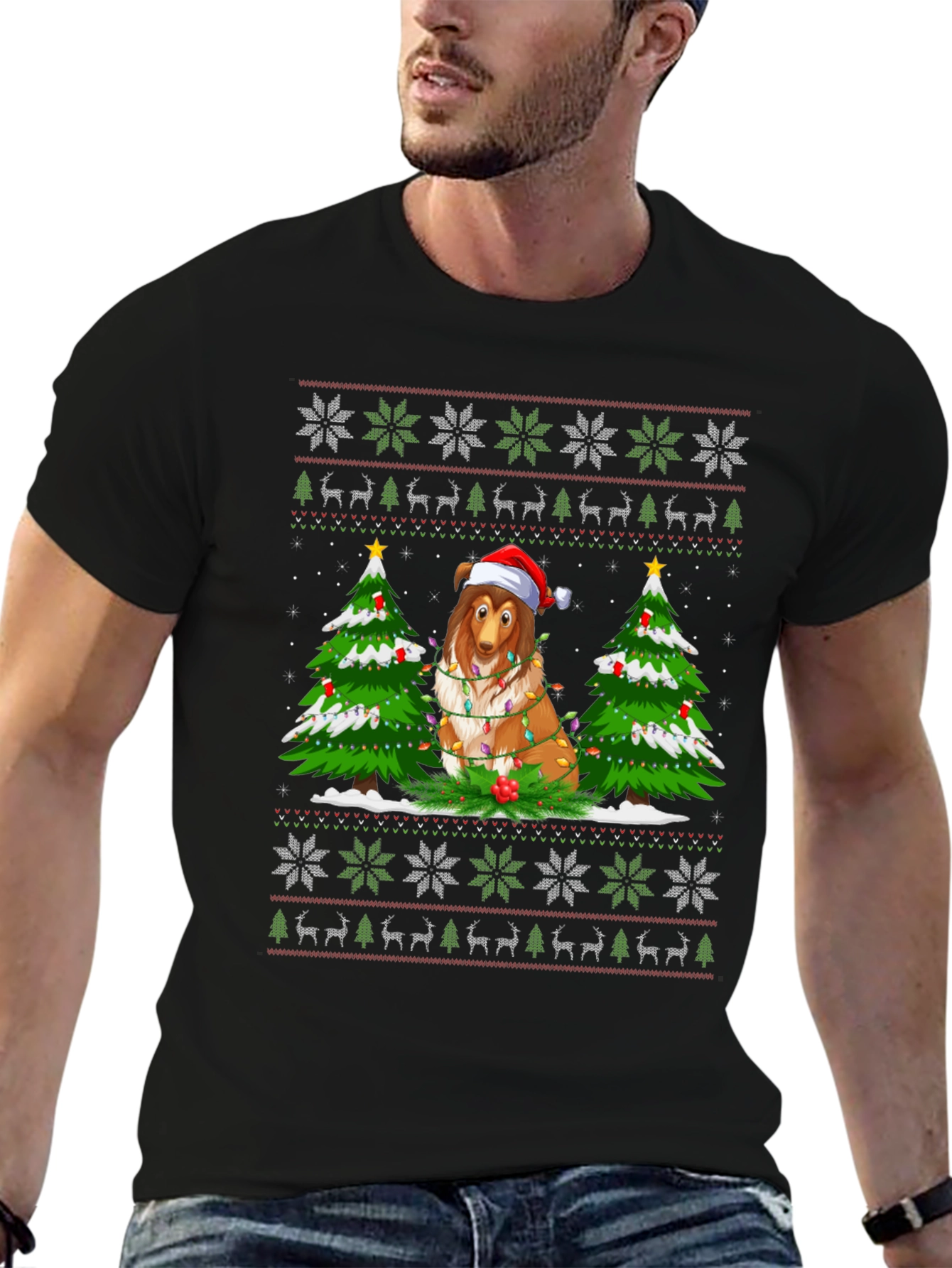 Festive Dog Christmas T-Shirt Ugly Sweater Style