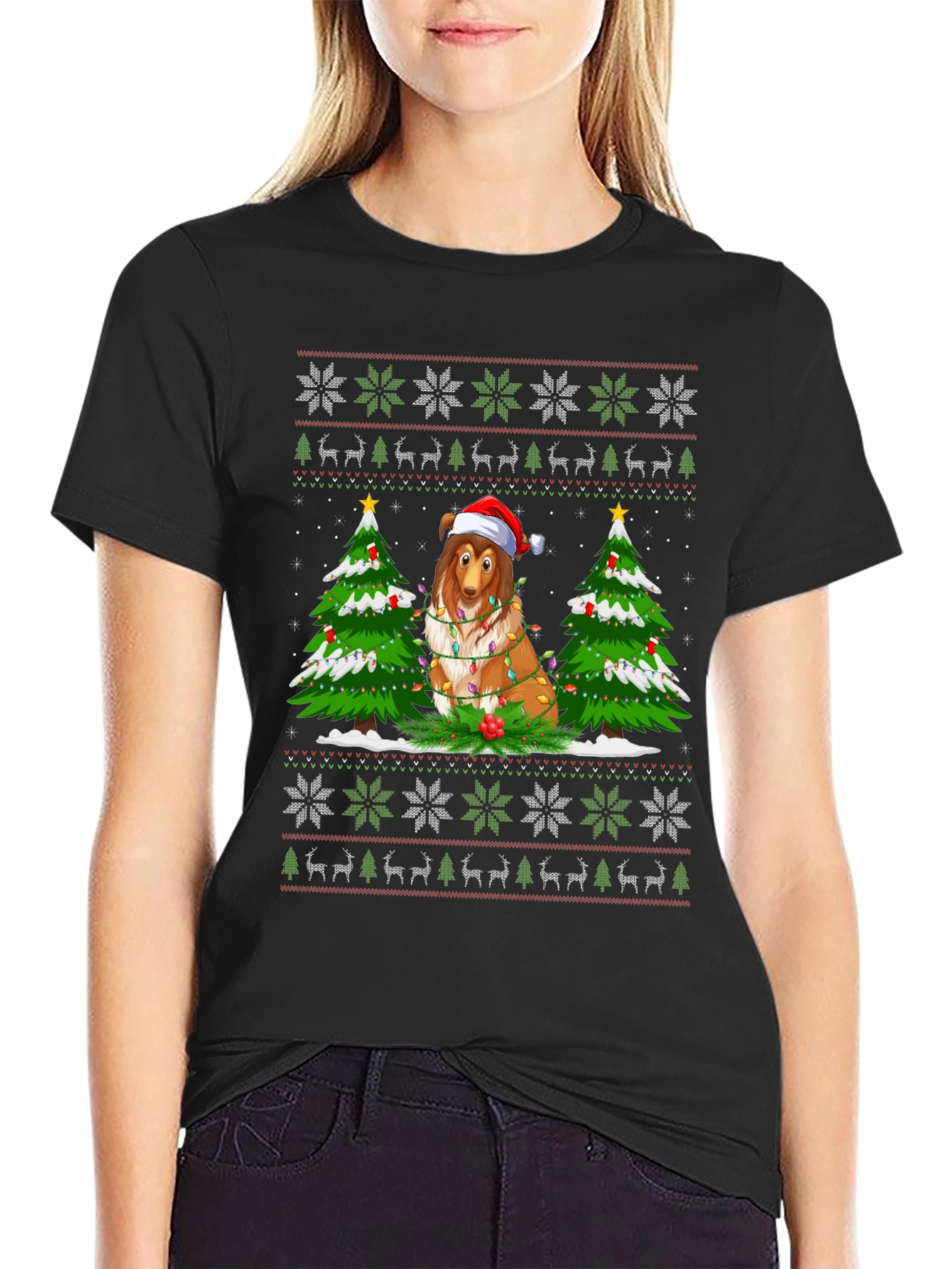 Festive Dog Christmas T-Shirt Ugly Sweater Style