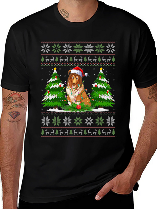 Festive Dog Christmas T-Shirt Ugly Sweater Style