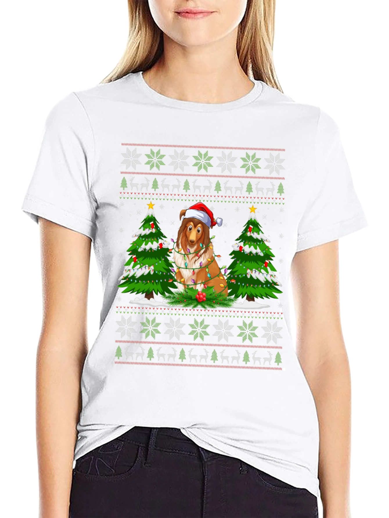 Festive Dog Christmas T-Shirt Ugly Sweater Style