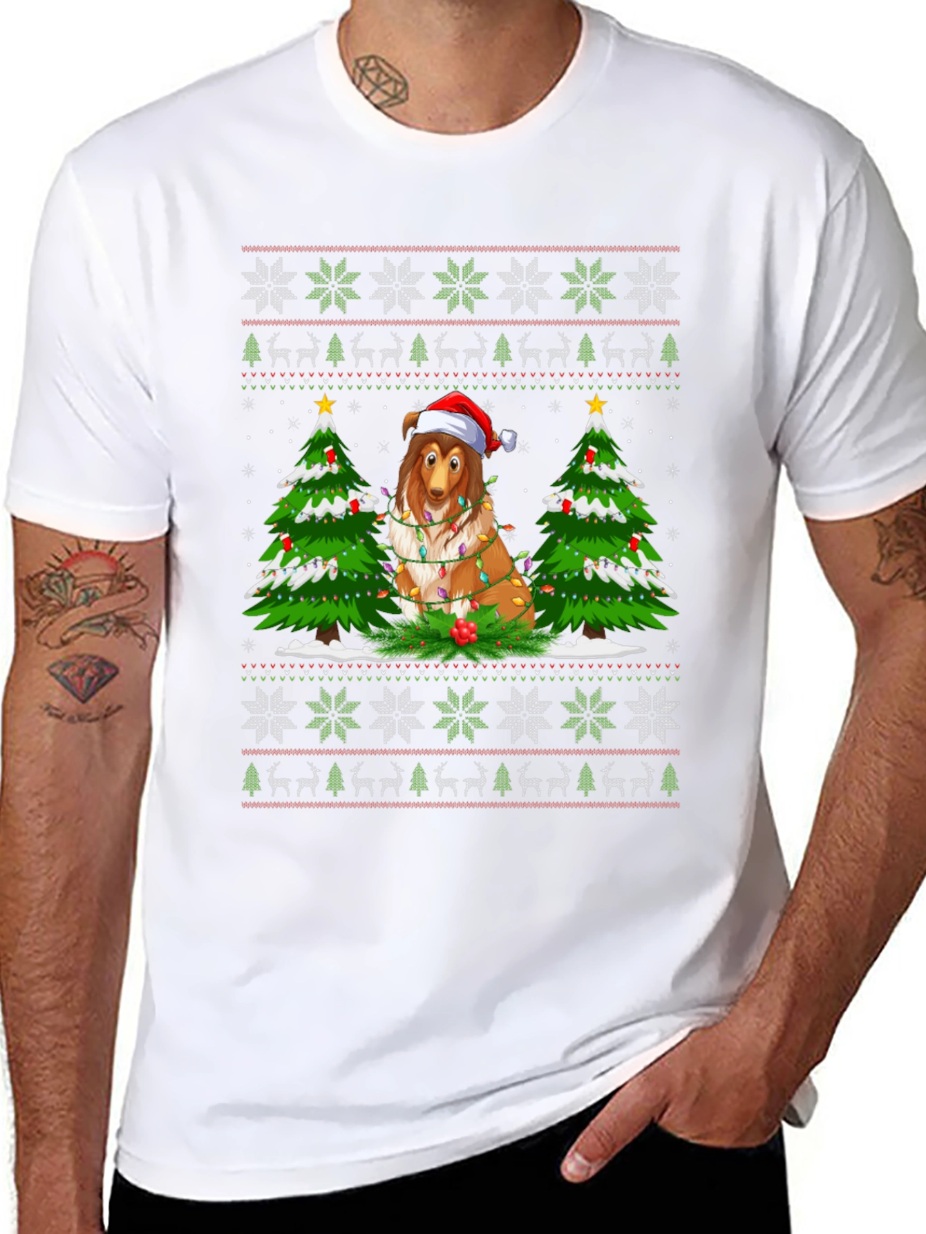 Festive Dog Christmas T-Shirt Ugly Sweater Style