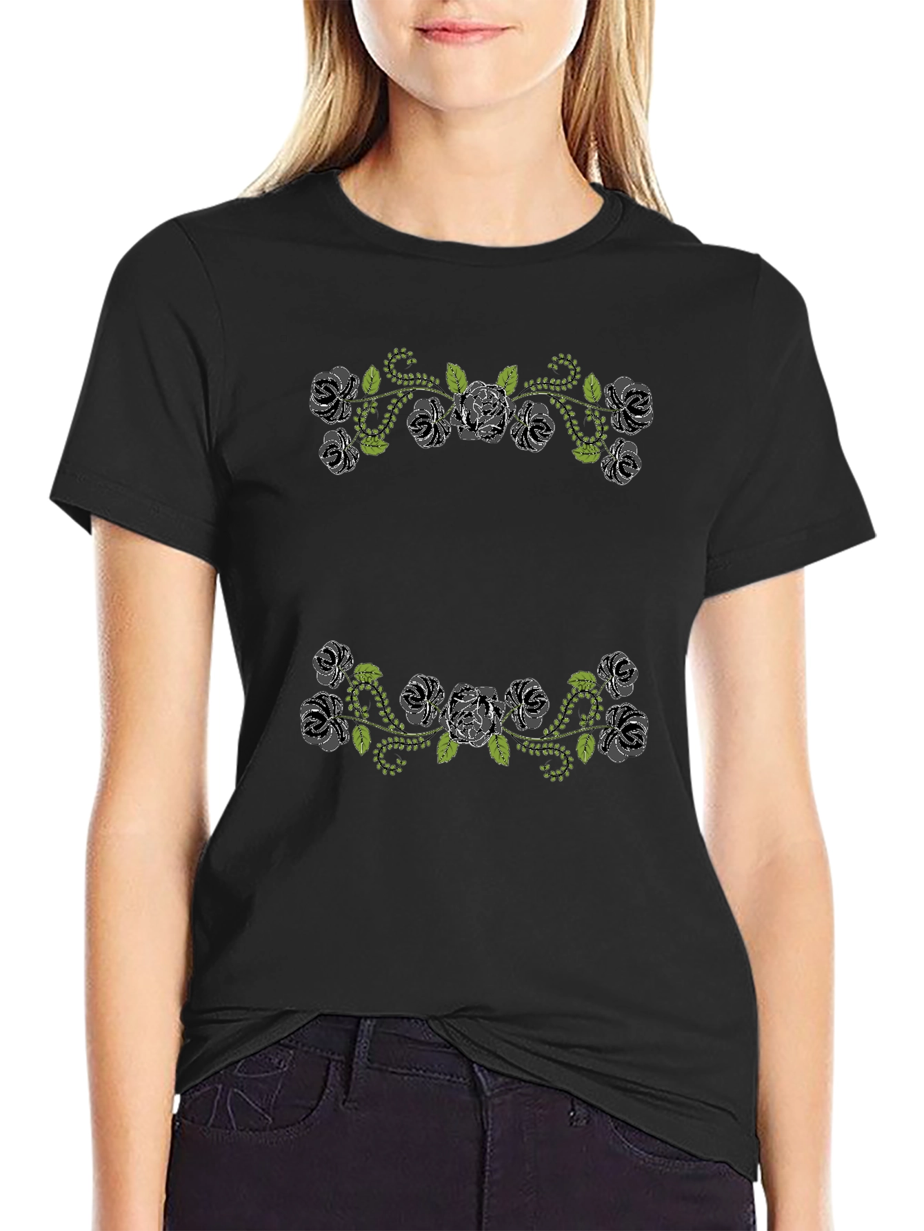 Floral Rose Vines Black T-Shirt