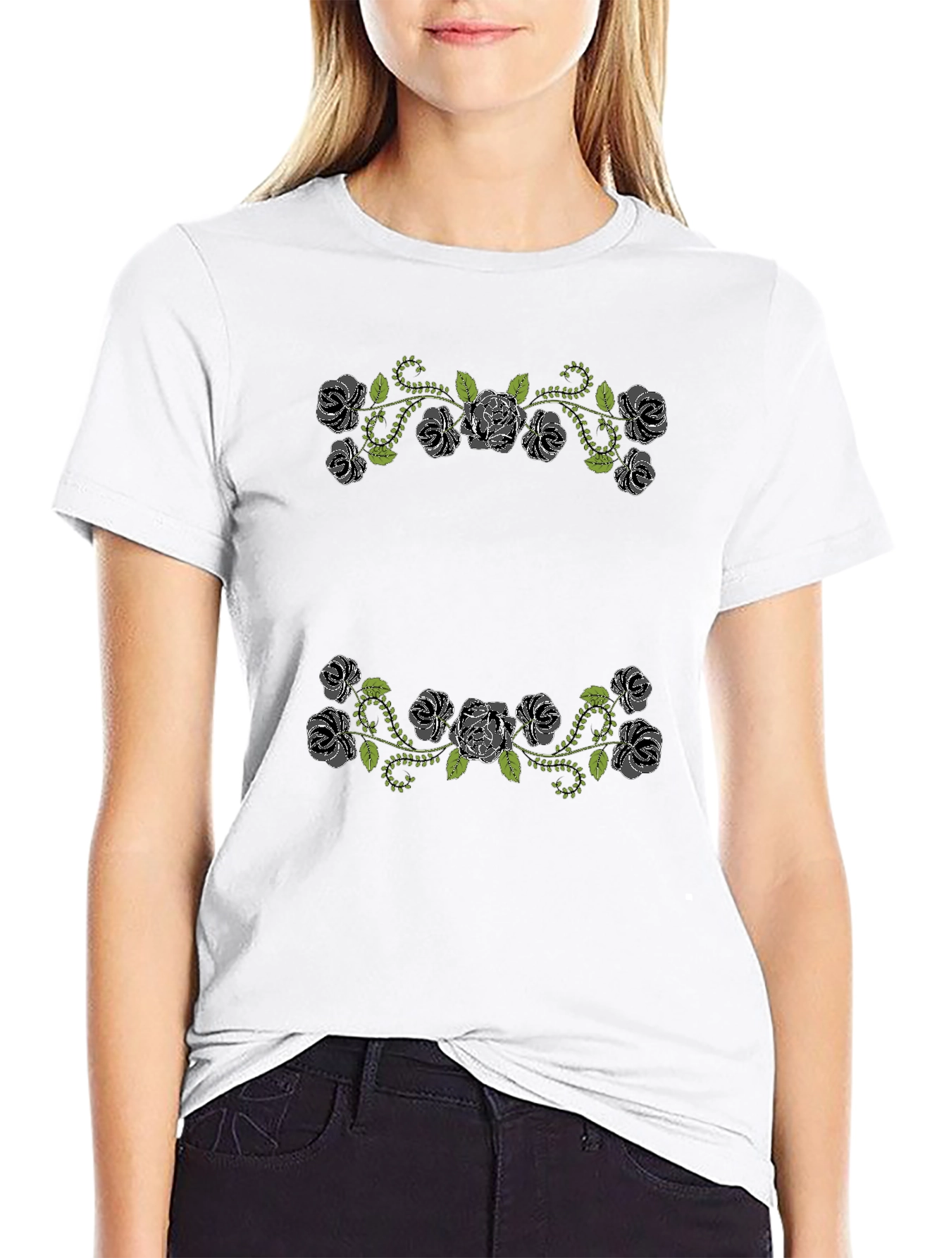 Floral Rose Vines Black T-Shirt