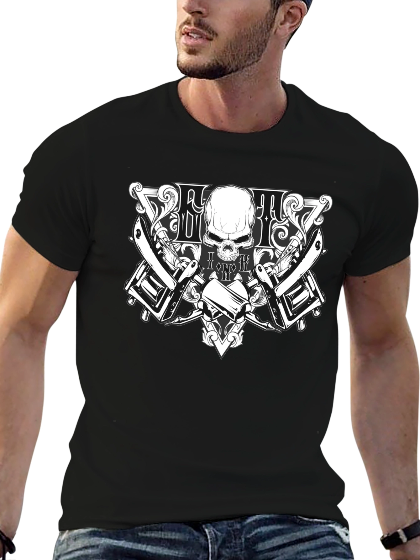 Skull & Razor T-Shirt - Barber Style Design