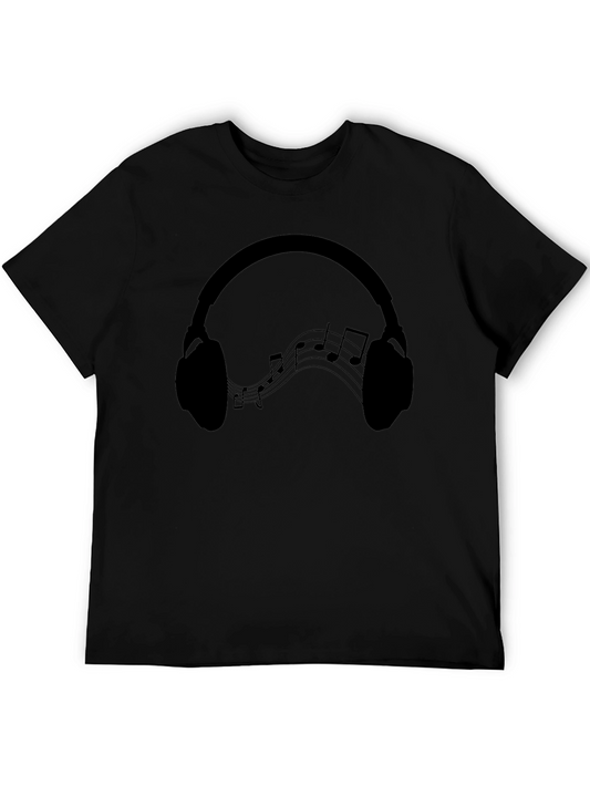 Headphones Music Notes Graphic Tee - Black Cotton Blend