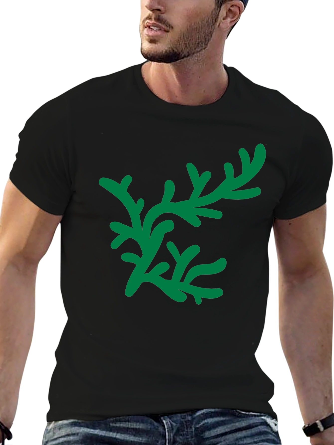 Green Floral Graphic Black T-Shirt