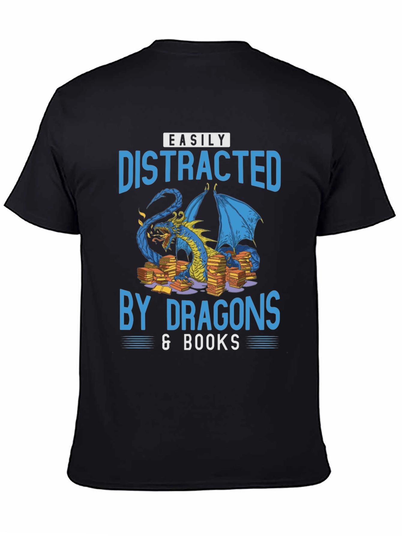 Easily Distracted By Dragons & Books Black T-Shirt