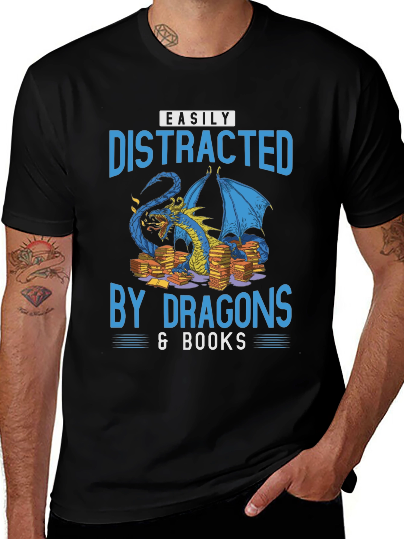 Easily Distracted By Dragons & Books Black T-Shirt