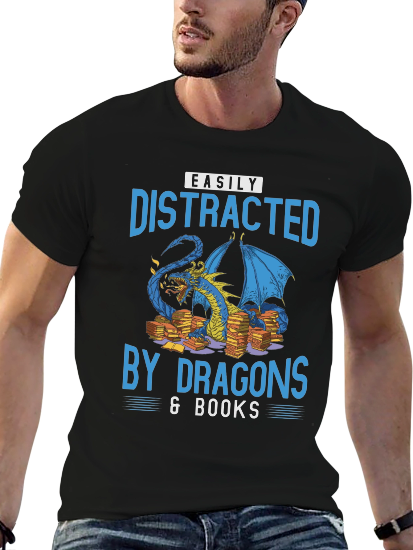 Easily Distracted By Dragons & Books Black T-Shirt