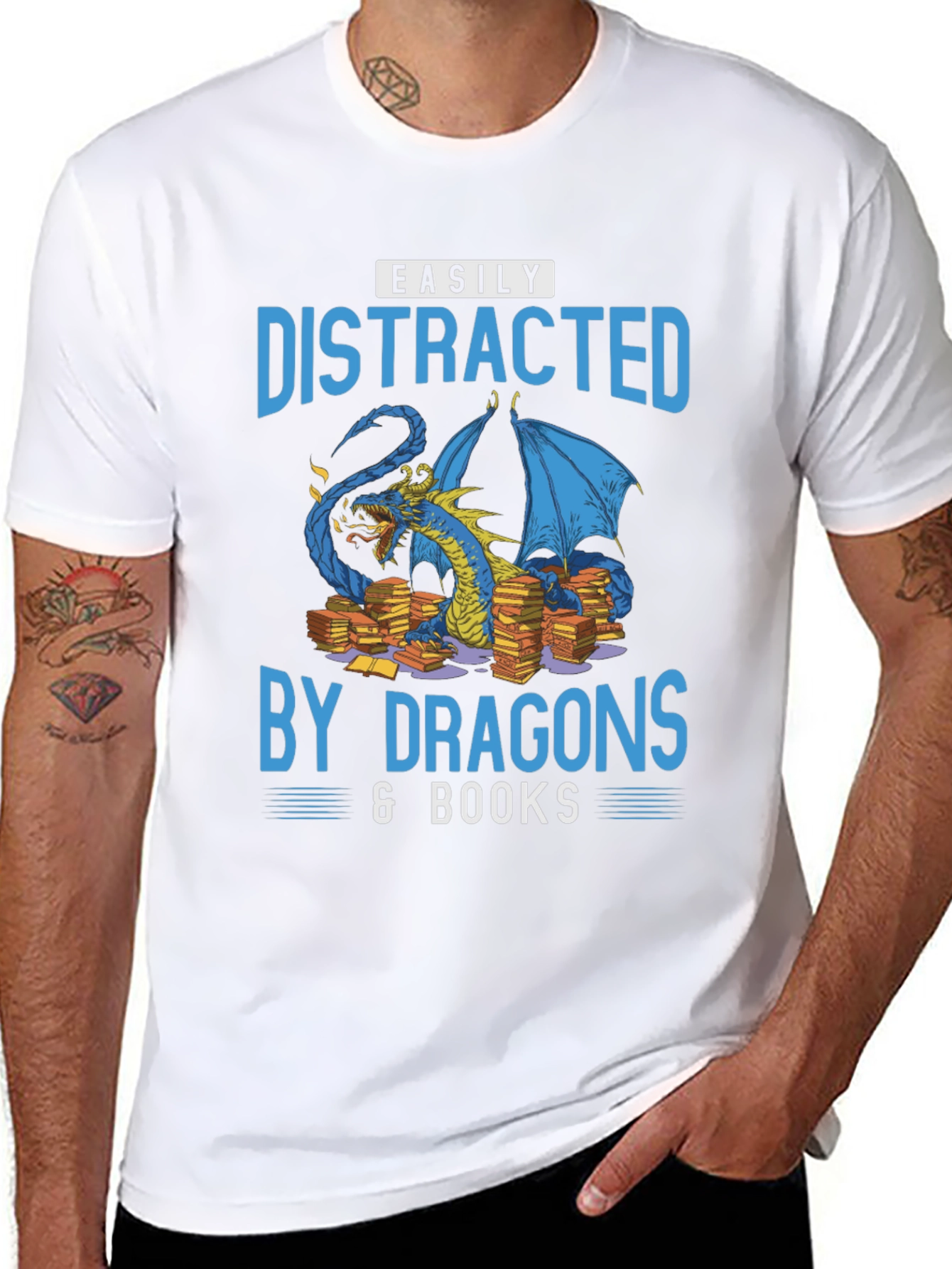 Easily Distracted By Dragons & Books Black T-Shirt