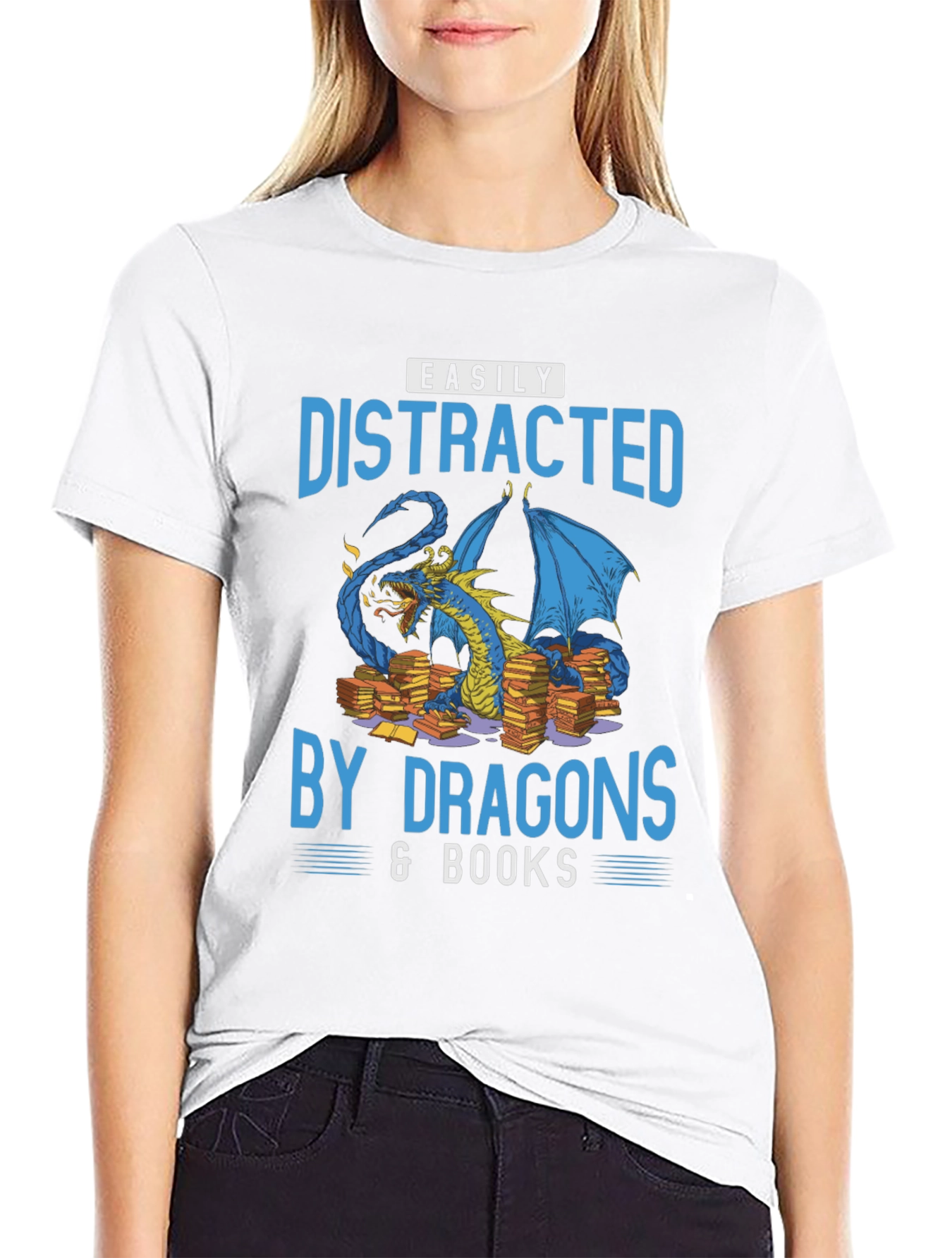 Easily Distracted By Dragons & Books Black T-Shirt