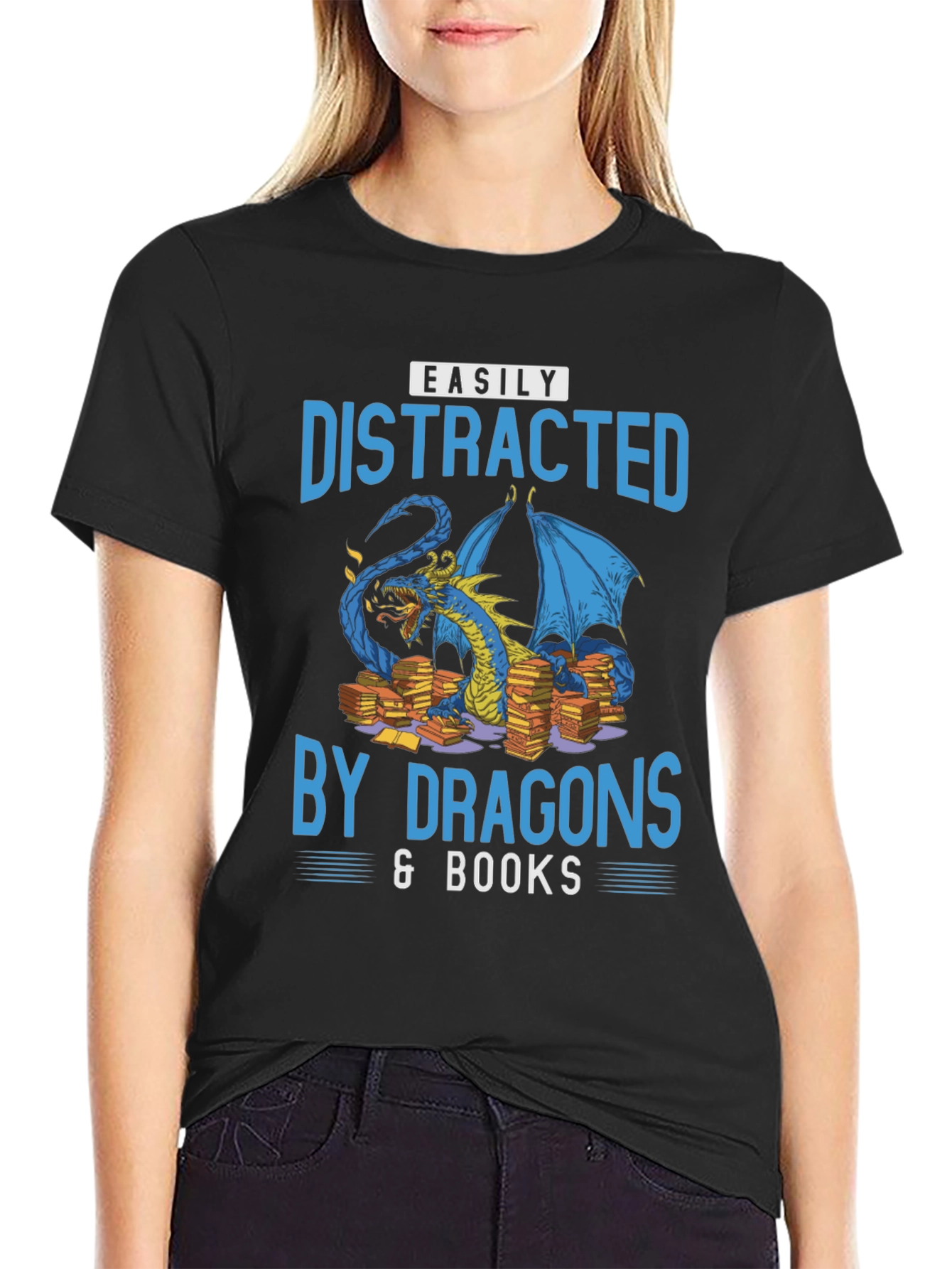 Easily Distracted By Dragons & Books Black T-Shirt