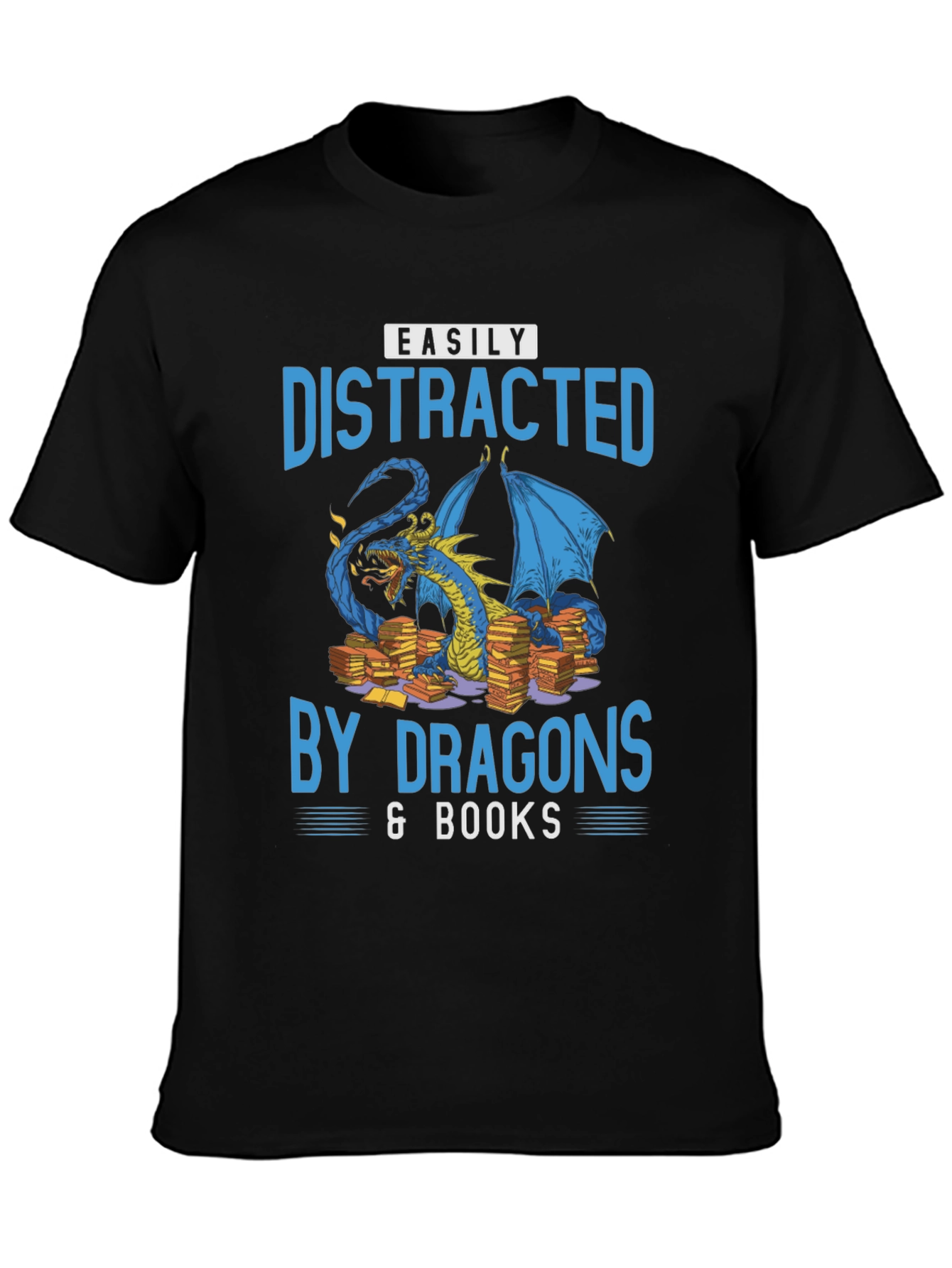 Easily Distracted By Dragons & Books Black T-Shirt