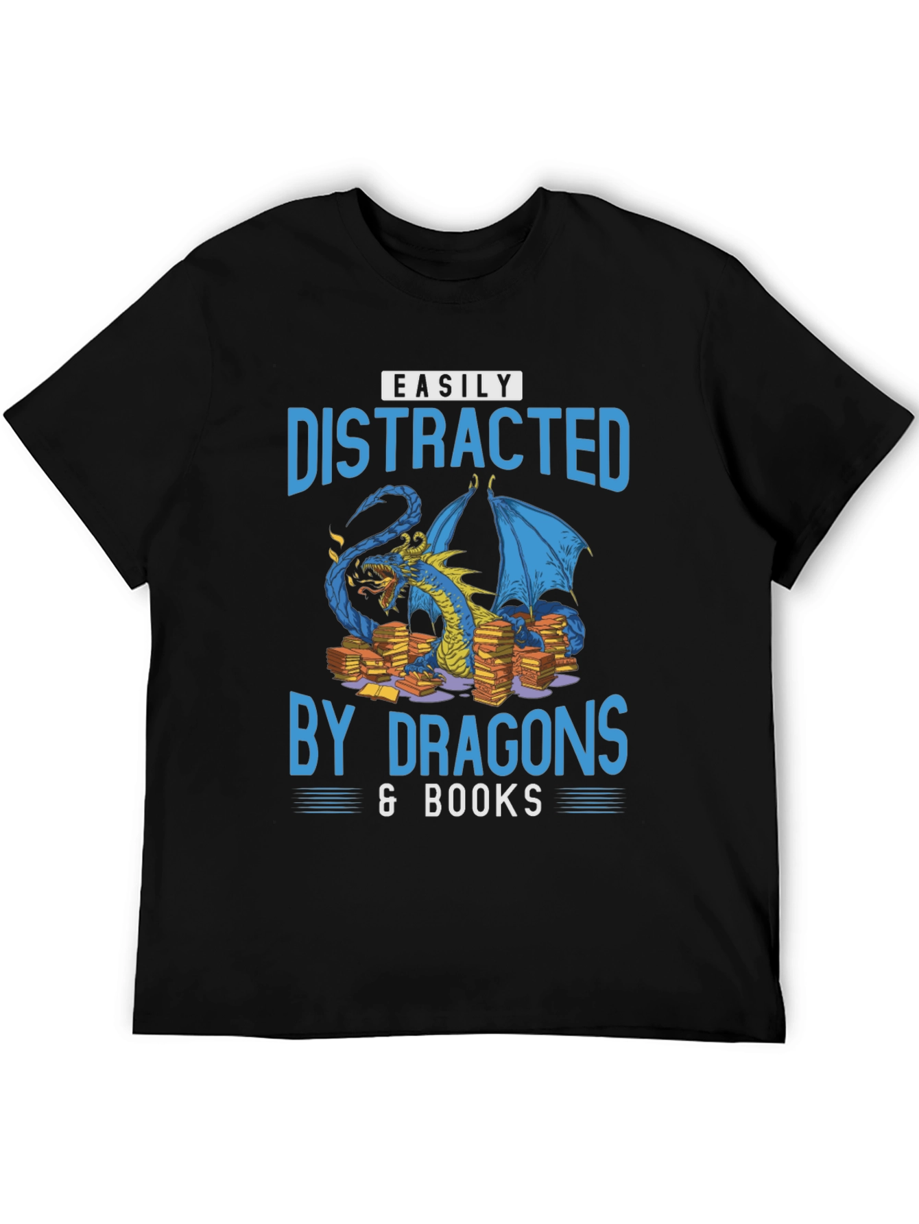Easily Distracted By Dragons & Books Black T-Shirt