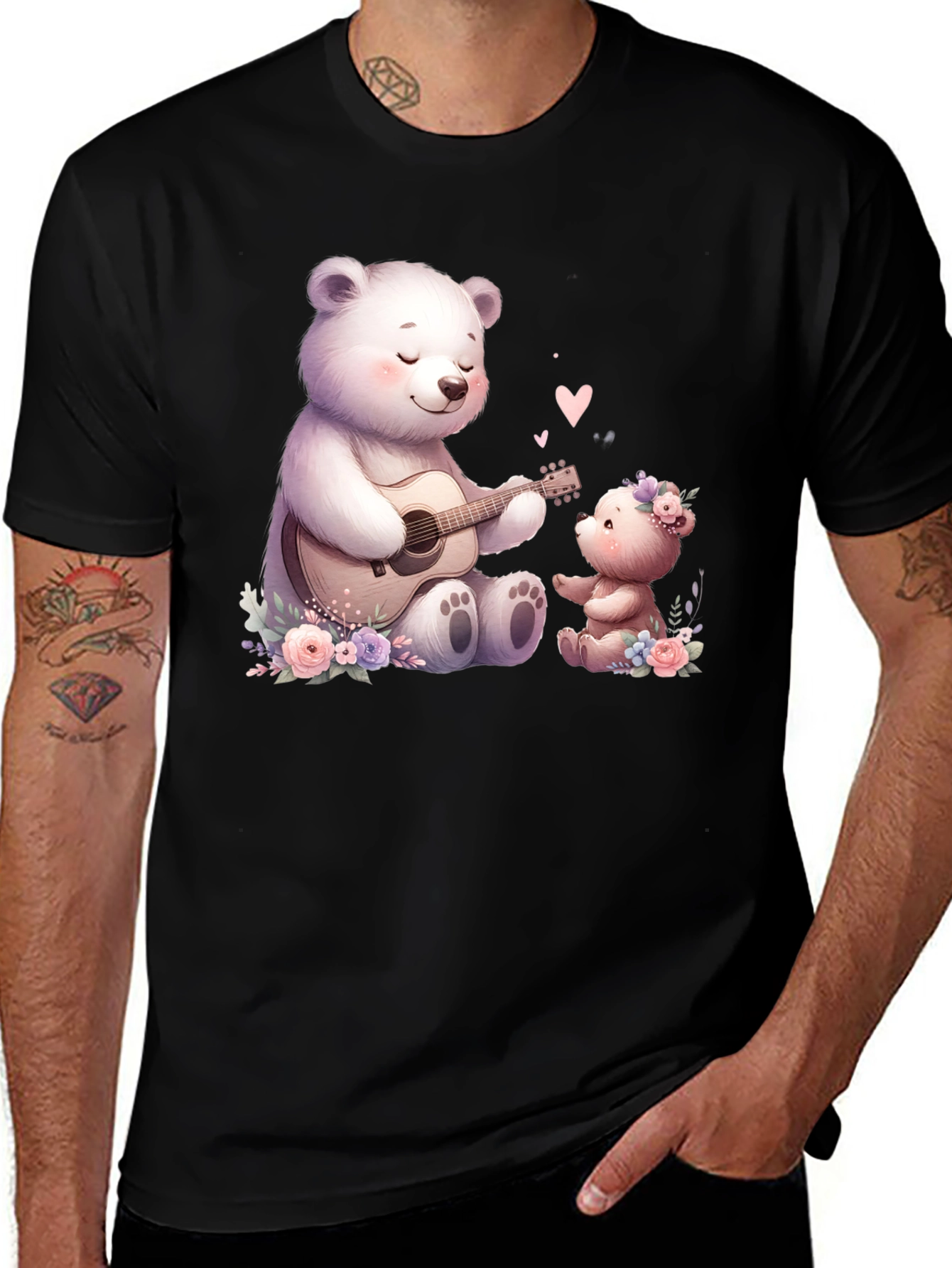Cute Bears Playing Guitar on Black Tee
