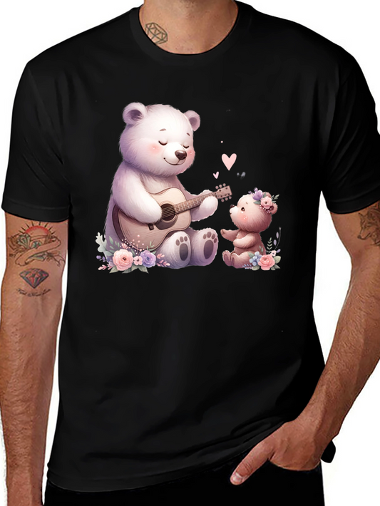 Cute Bears Playing Guitar on Black Tee