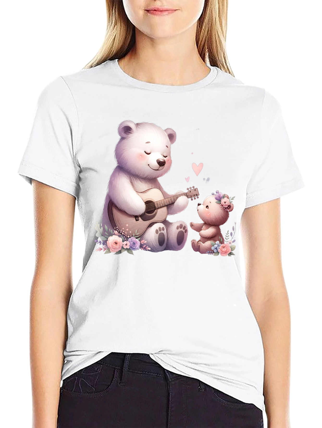 Cute Bears Playing Guitar on Black Tee