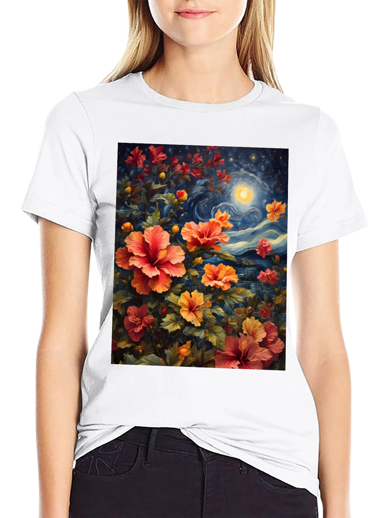 Floral Night Sky T-Shirt - Artistic Graphic Tee