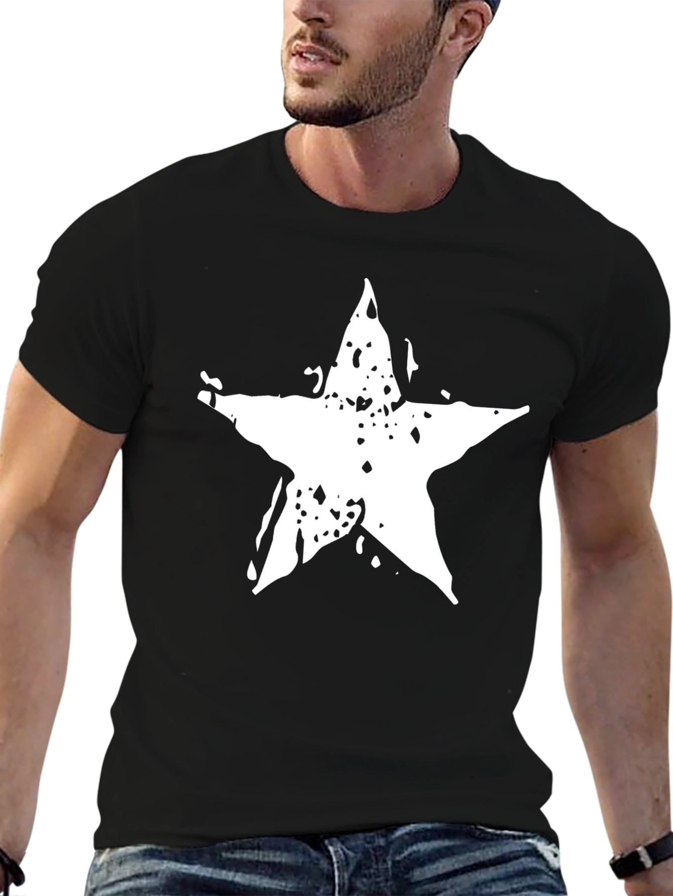 Black T-Shirt with Distressed Star Graphic