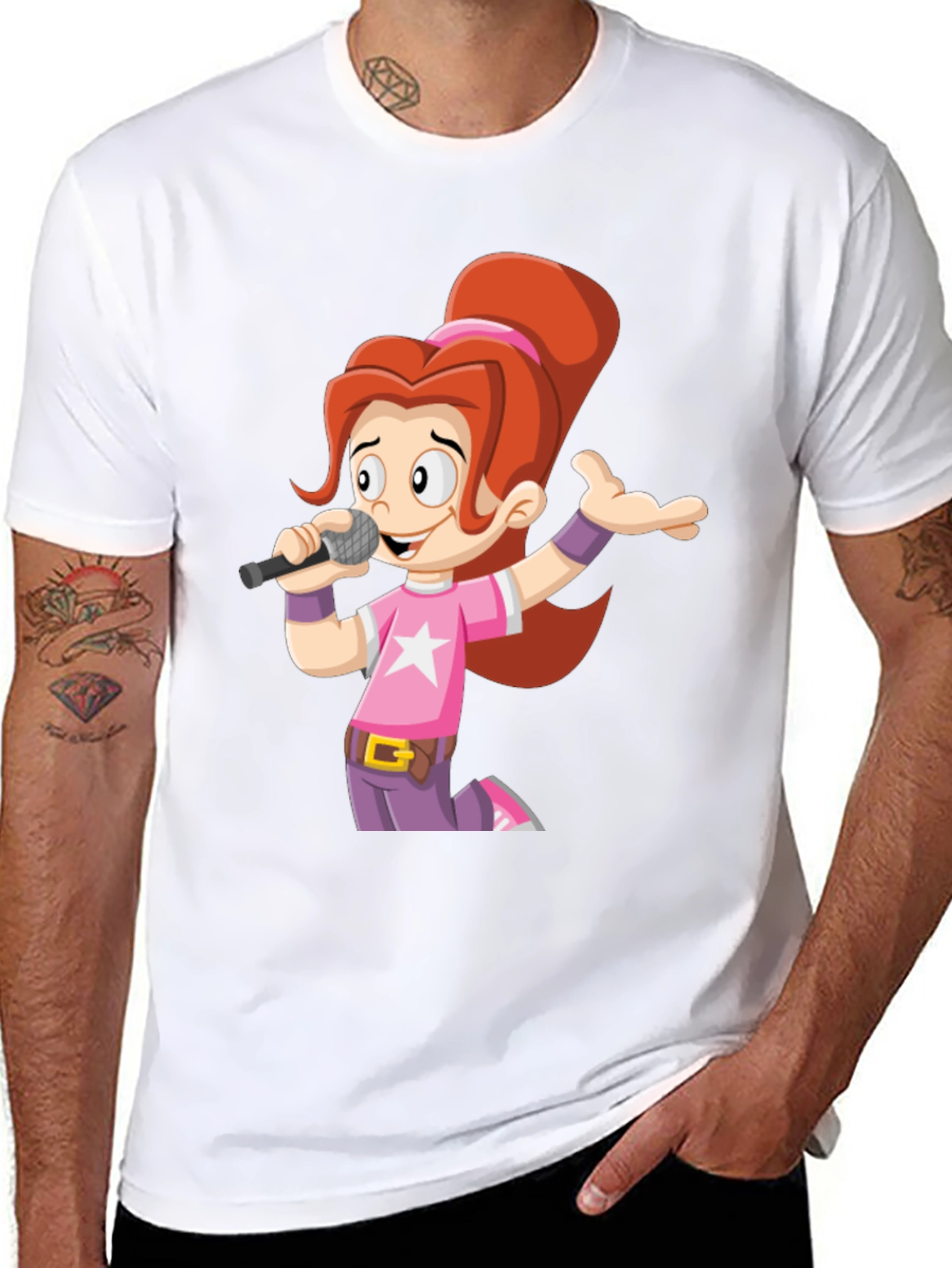 Cartoon Girl Singer Graphic Tee - Black Unisex T-Shirt