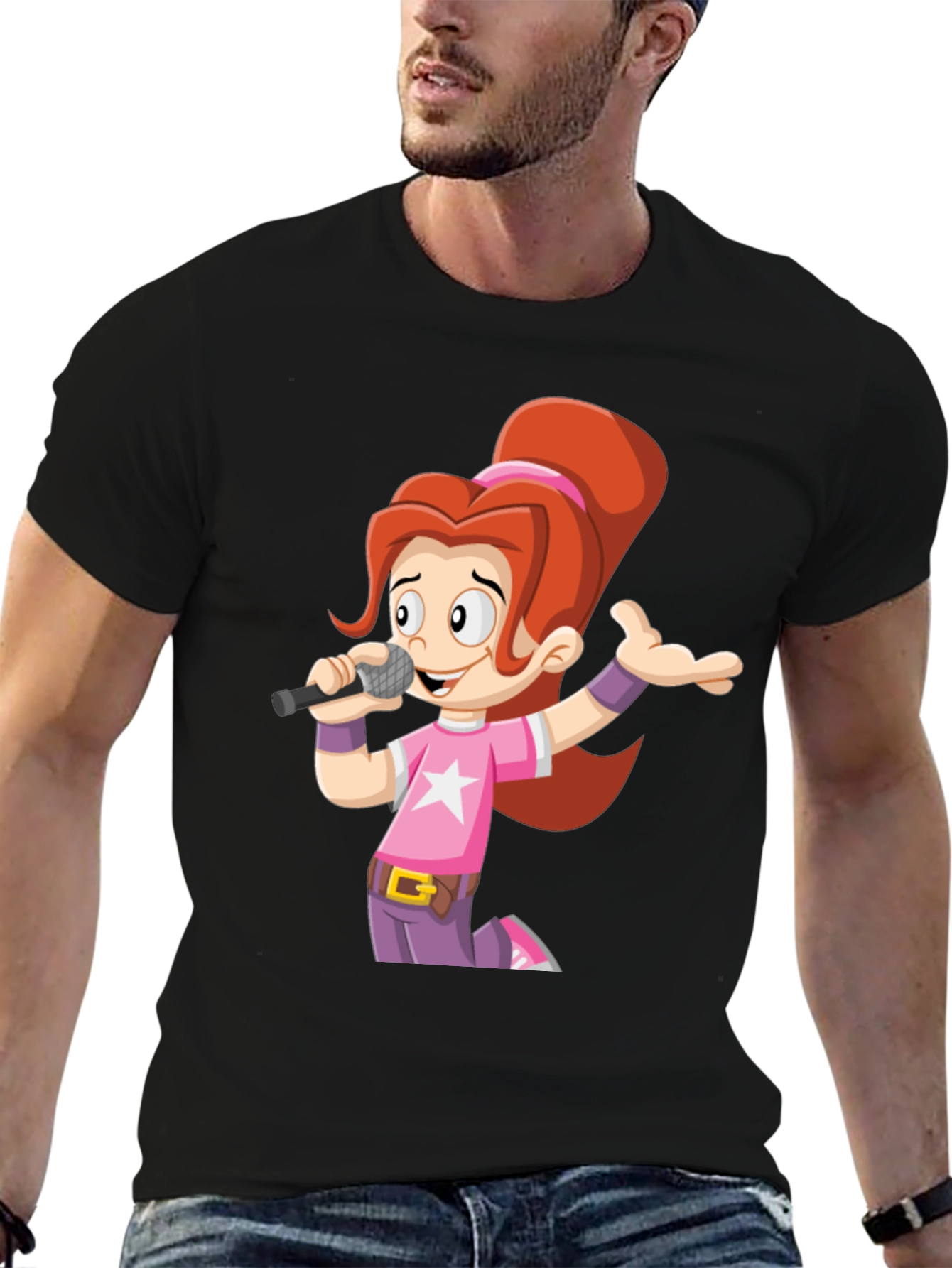 Cartoon Girl Singer Graphic Tee - Black Unisex T-Shirt