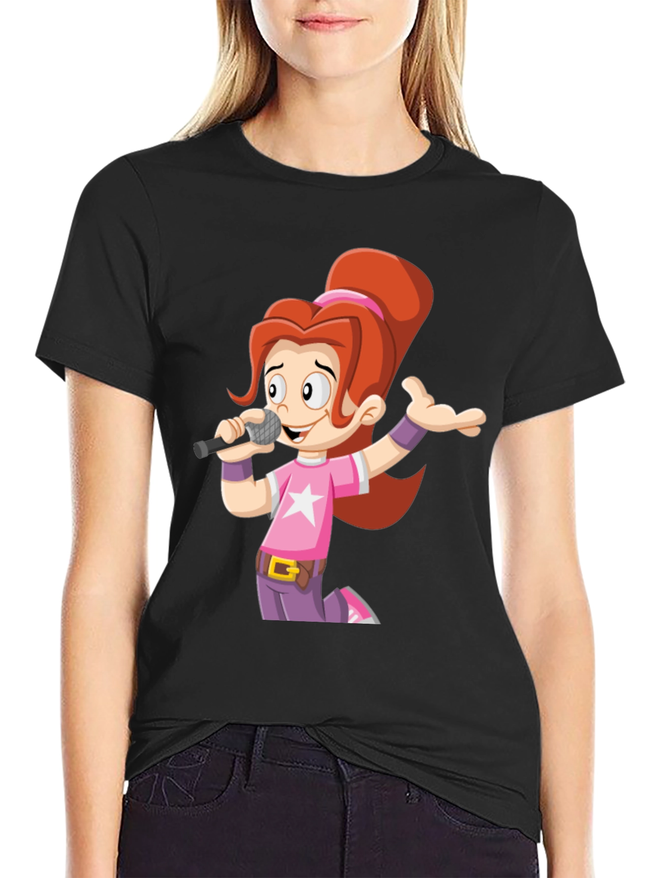 Cartoon Girl Singer Graphic Tee - Black Unisex T-Shirt