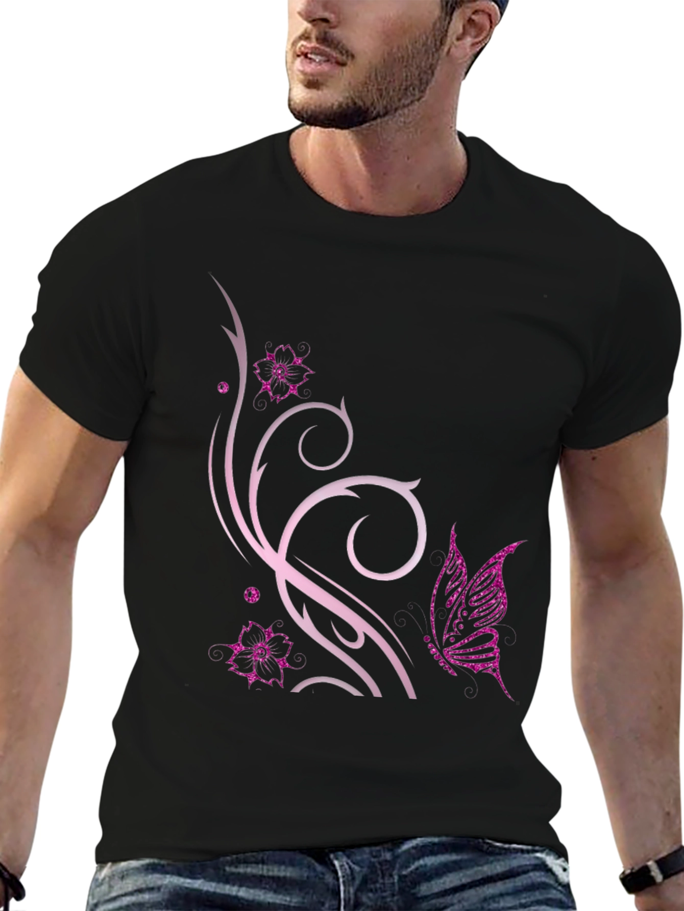 Butterfly Floral Graphic Black T-Shirt