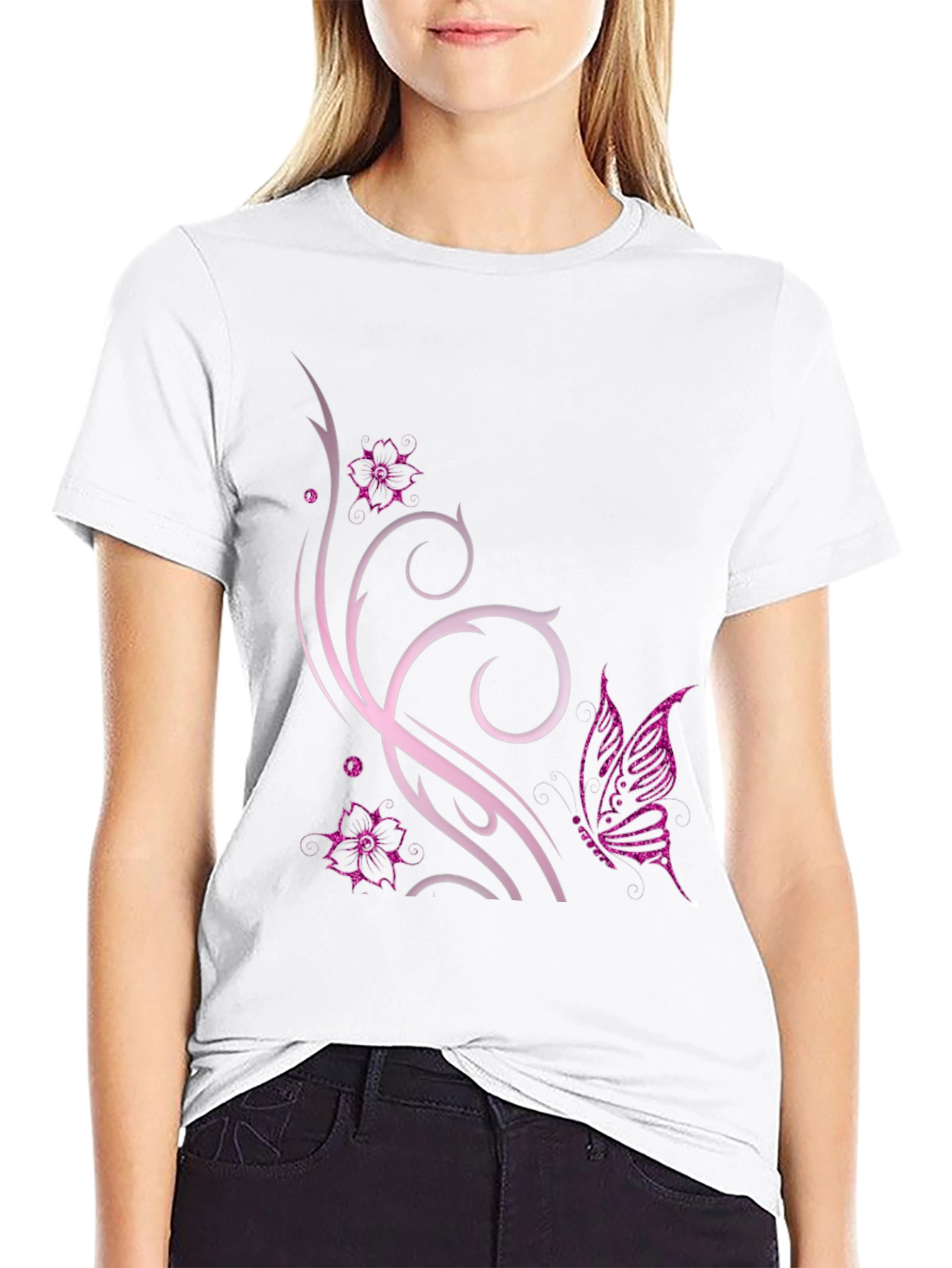 Butterfly Floral Graphic Black T-Shirt