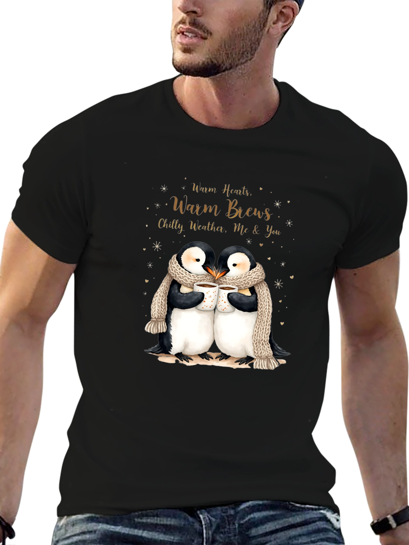 Penguin Love Black T-Shirt Warm Hearts Brews