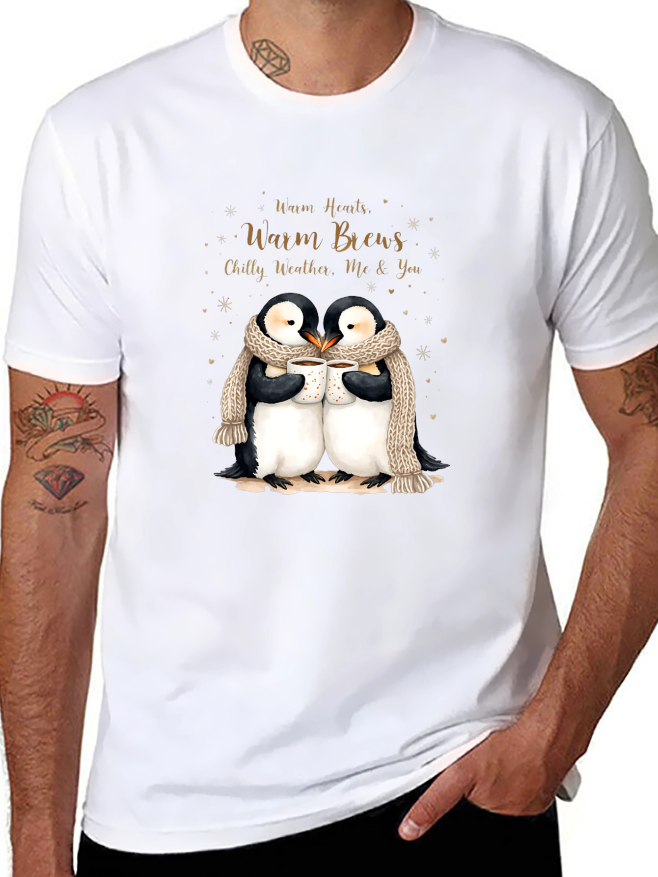 Penguin Love Black T-Shirt Warm Hearts Brews