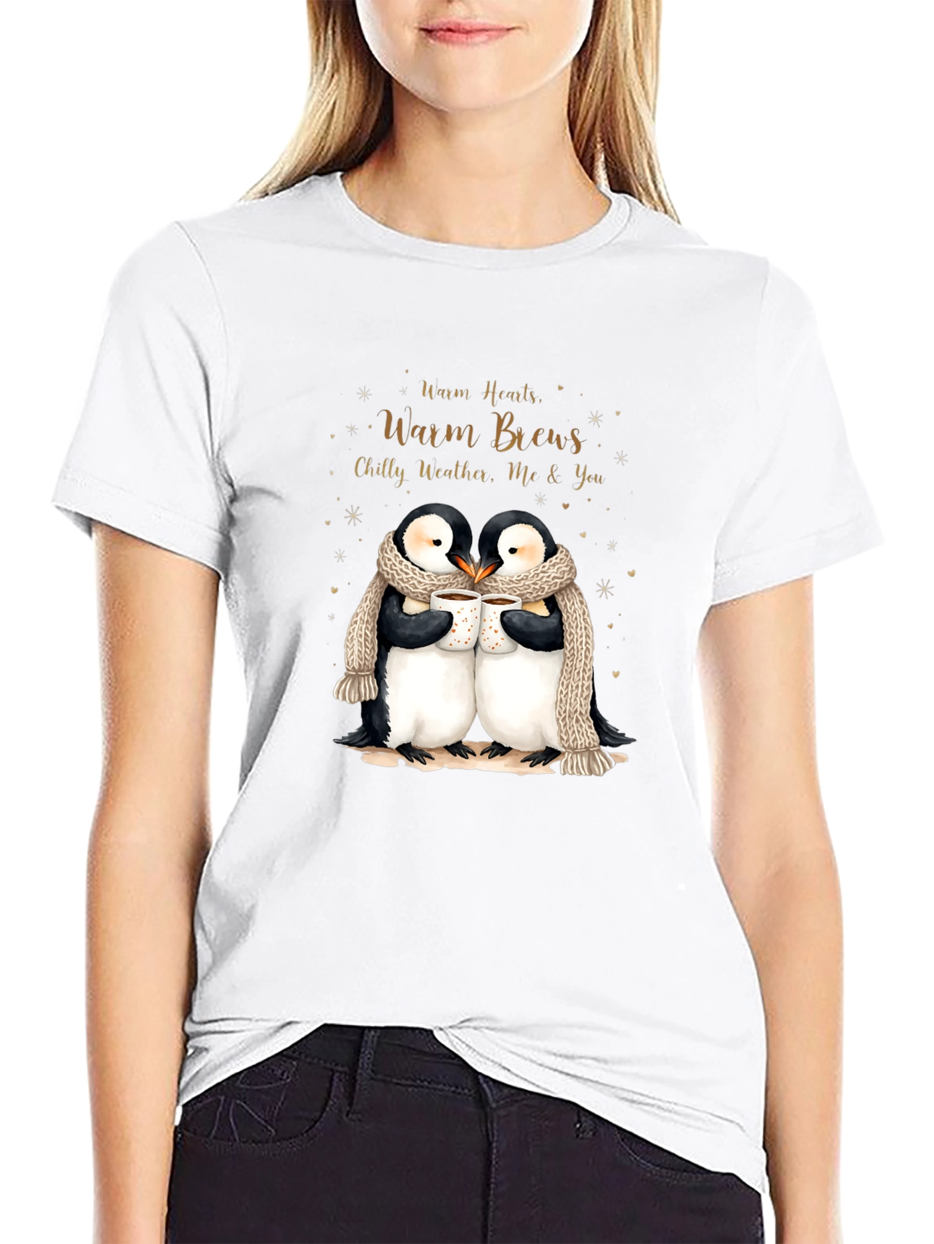 Penguin Love Black T-Shirt Warm Hearts Brews