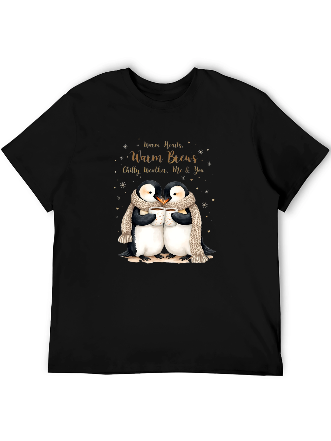 Penguin Love Black T-Shirt Warm Hearts Brews