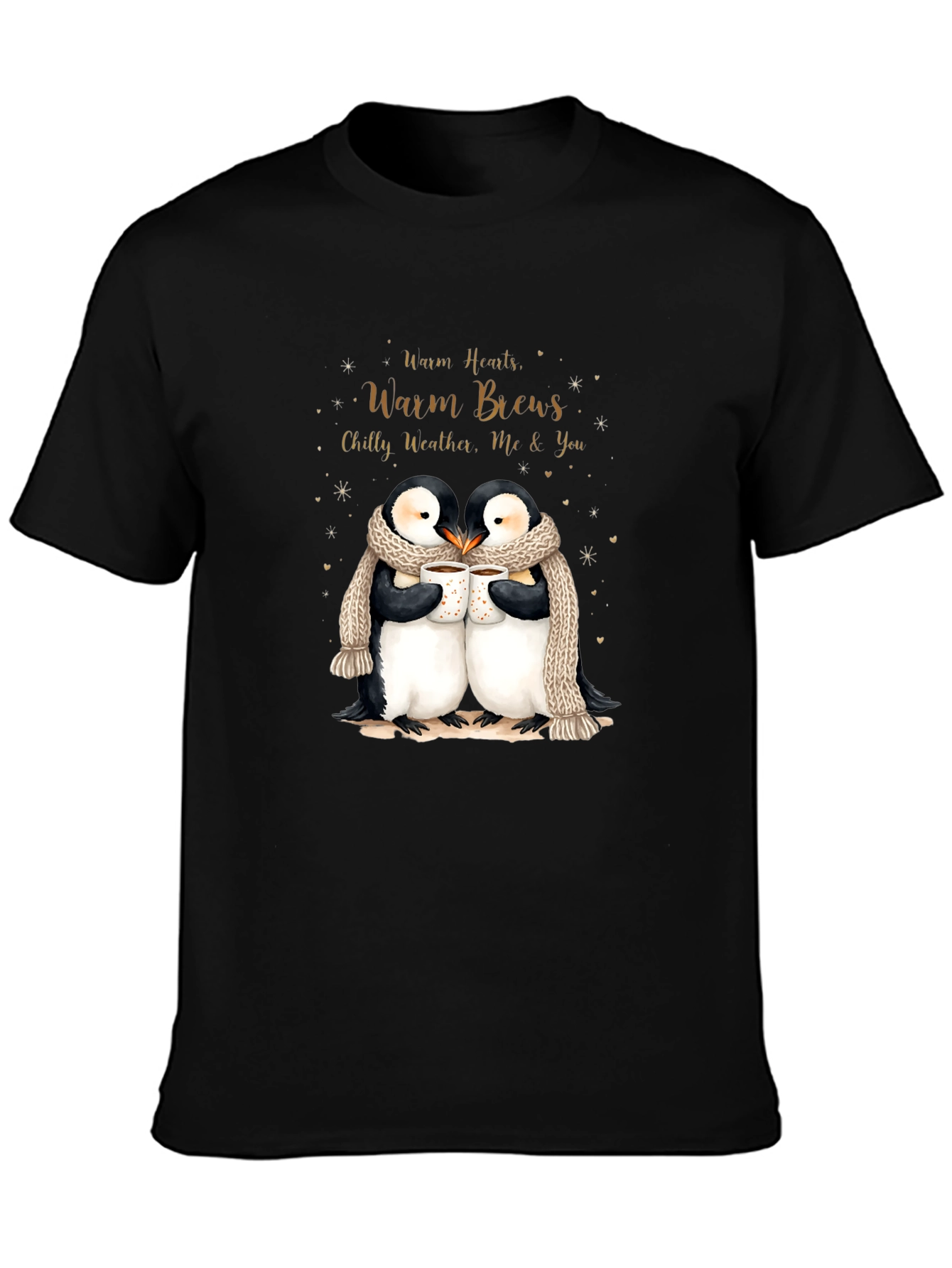 Penguin Love Black T-Shirt Warm Hearts Brews