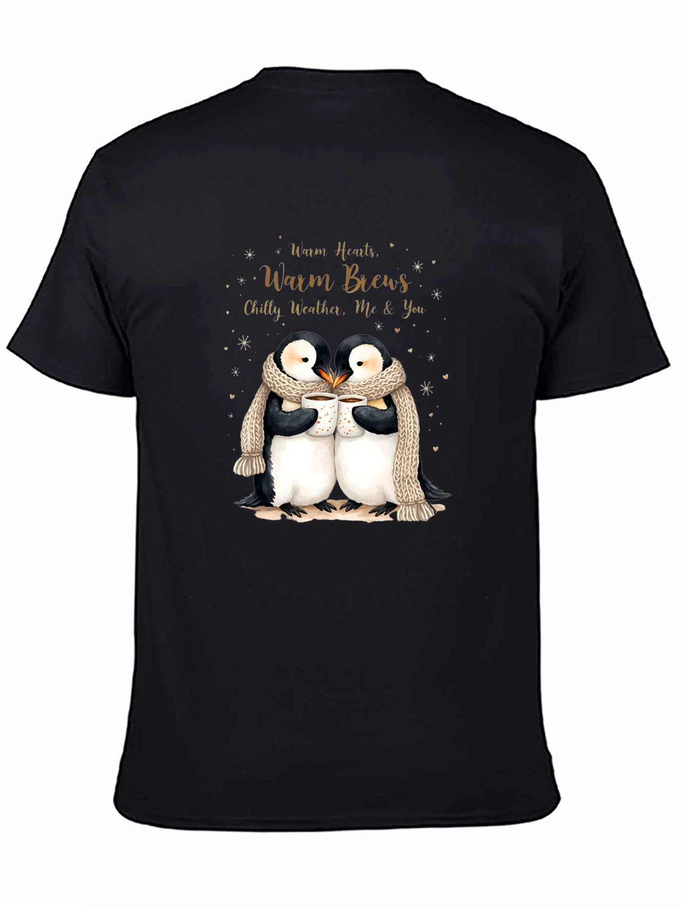 Penguin Love Black T-Shirt Warm Hearts Brews