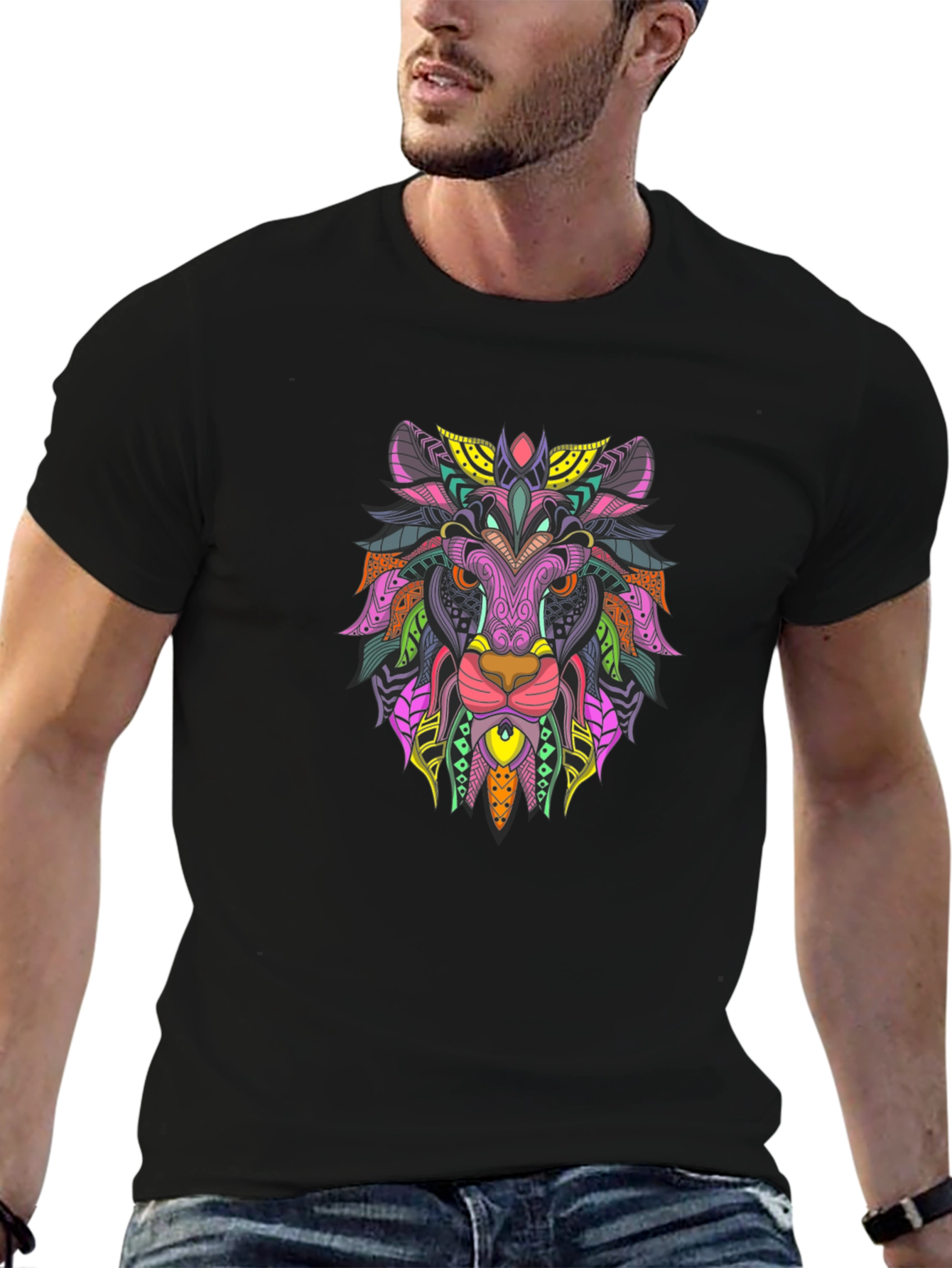 Vibrant Lion Graphic Tee - Mens Black T-Shirt
