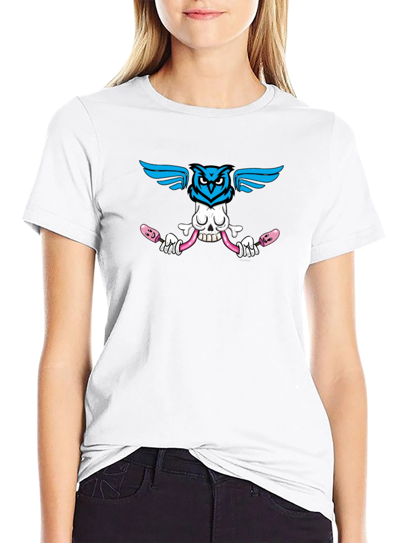 Skull Owl Graphic Print Black T-Shirt