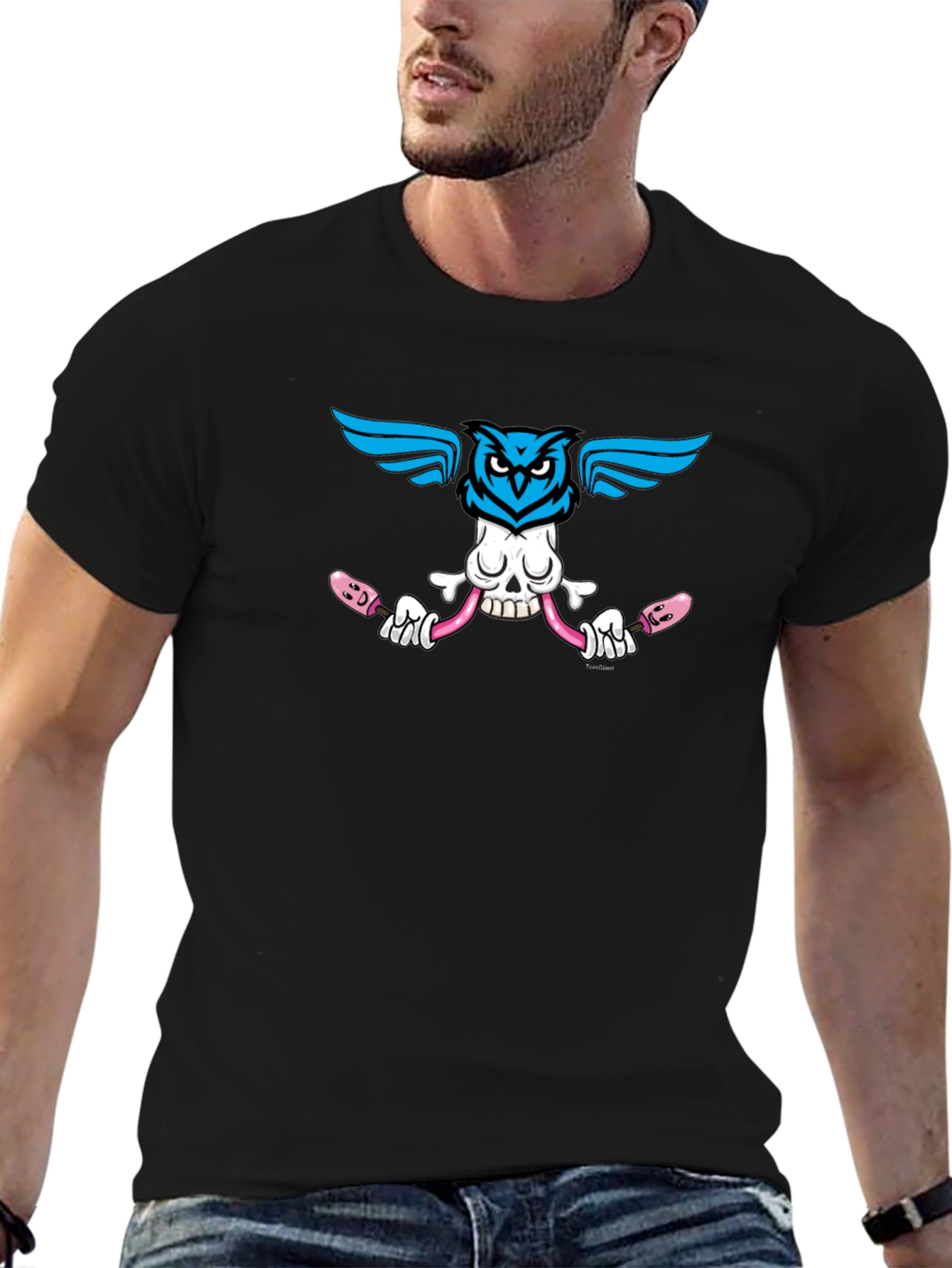 Skull Owl Graphic Print Black T-Shirt