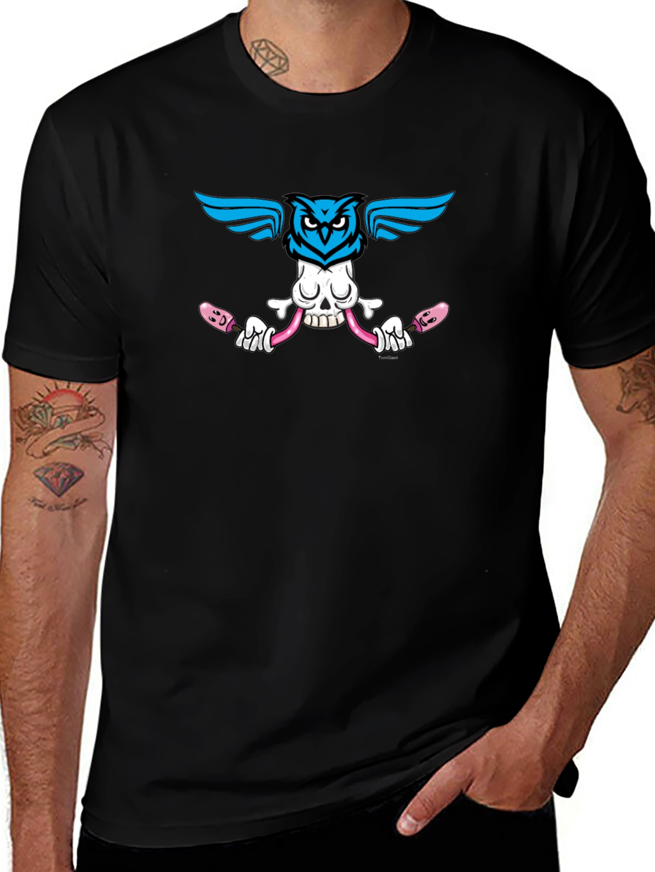 Skull Owl Graphic Print Black T-Shirt
