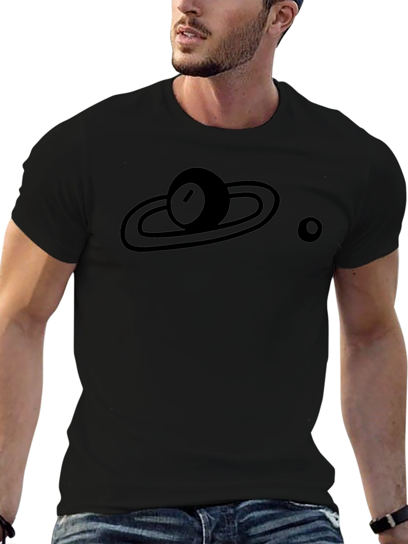 Planet Saturn Graphic Print Black T-Shirt
