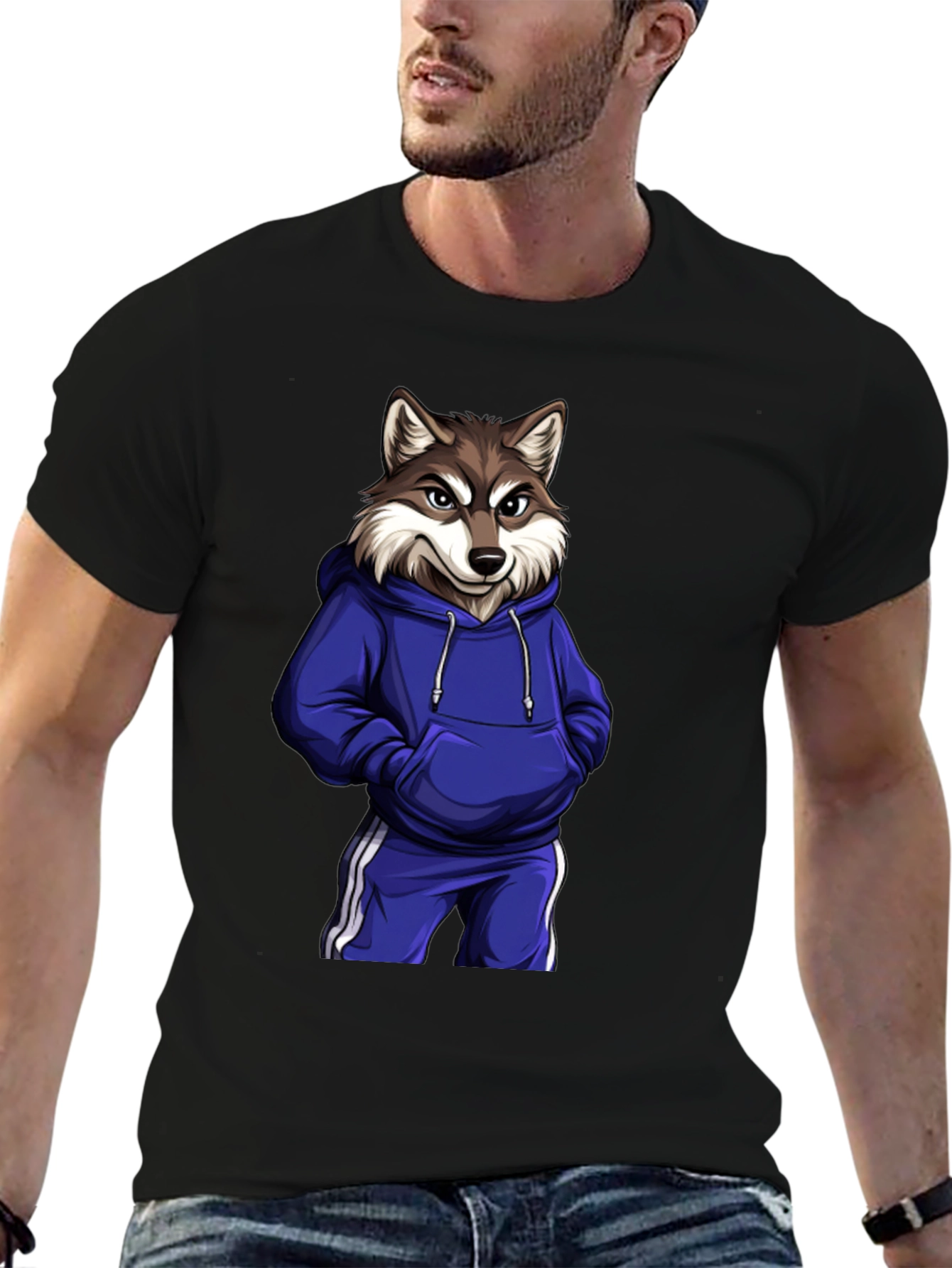 Cool Wolf Cartoon Graphic Black T-Shirt