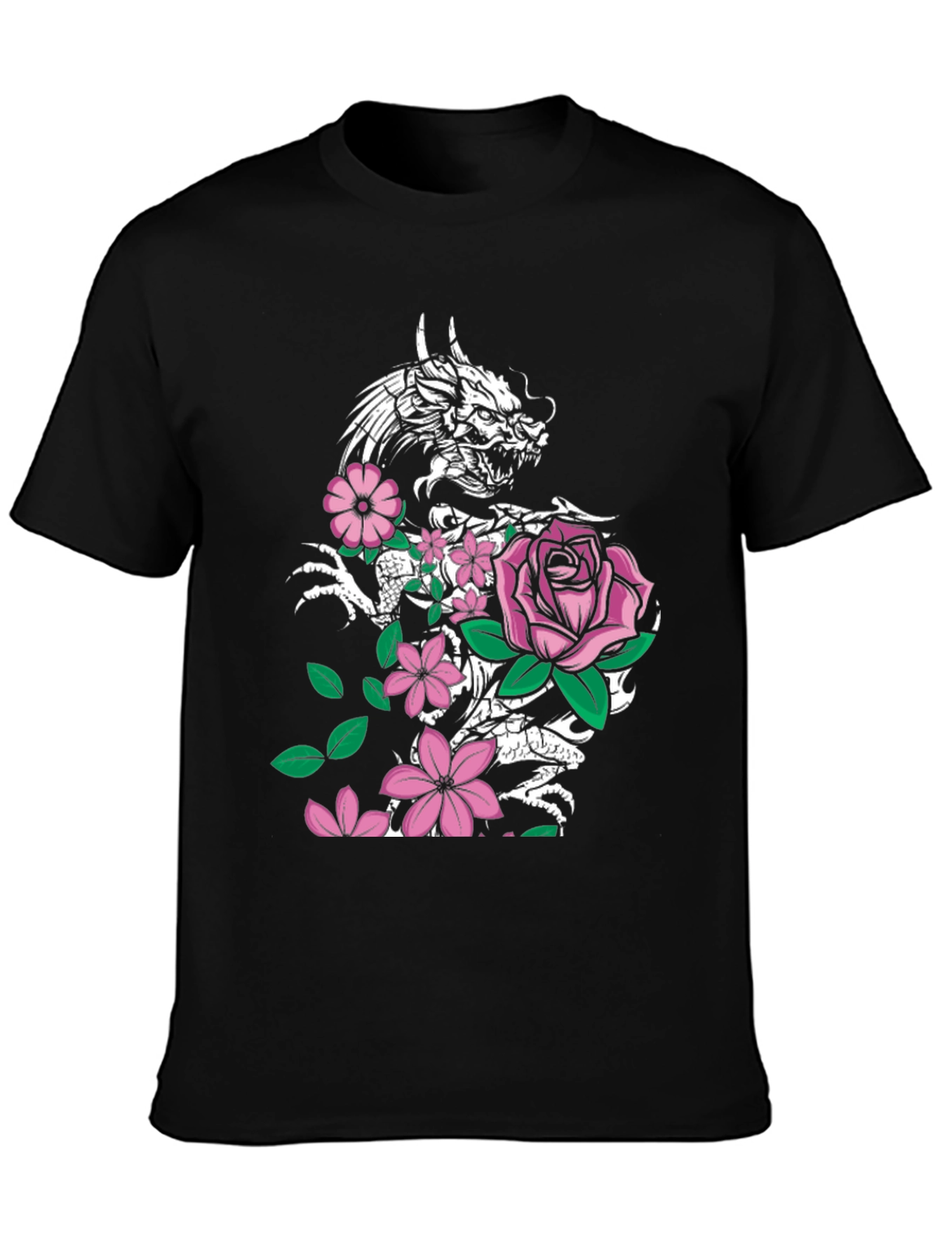 Dragon and Floral Print Black T-Shirt