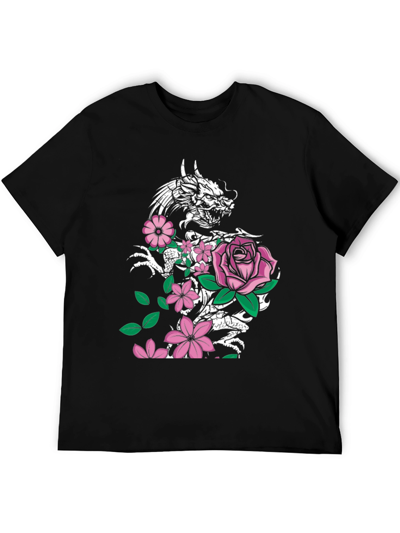 Dragon and Floral Print Black T-Shirt