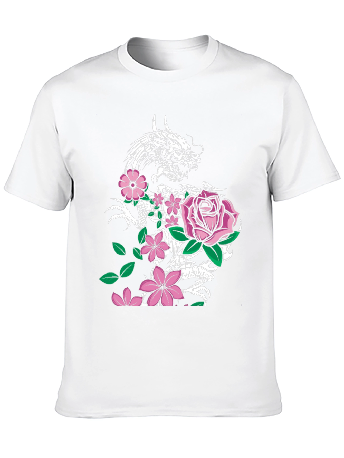 Dragon and Floral Print Black T-Shirt
