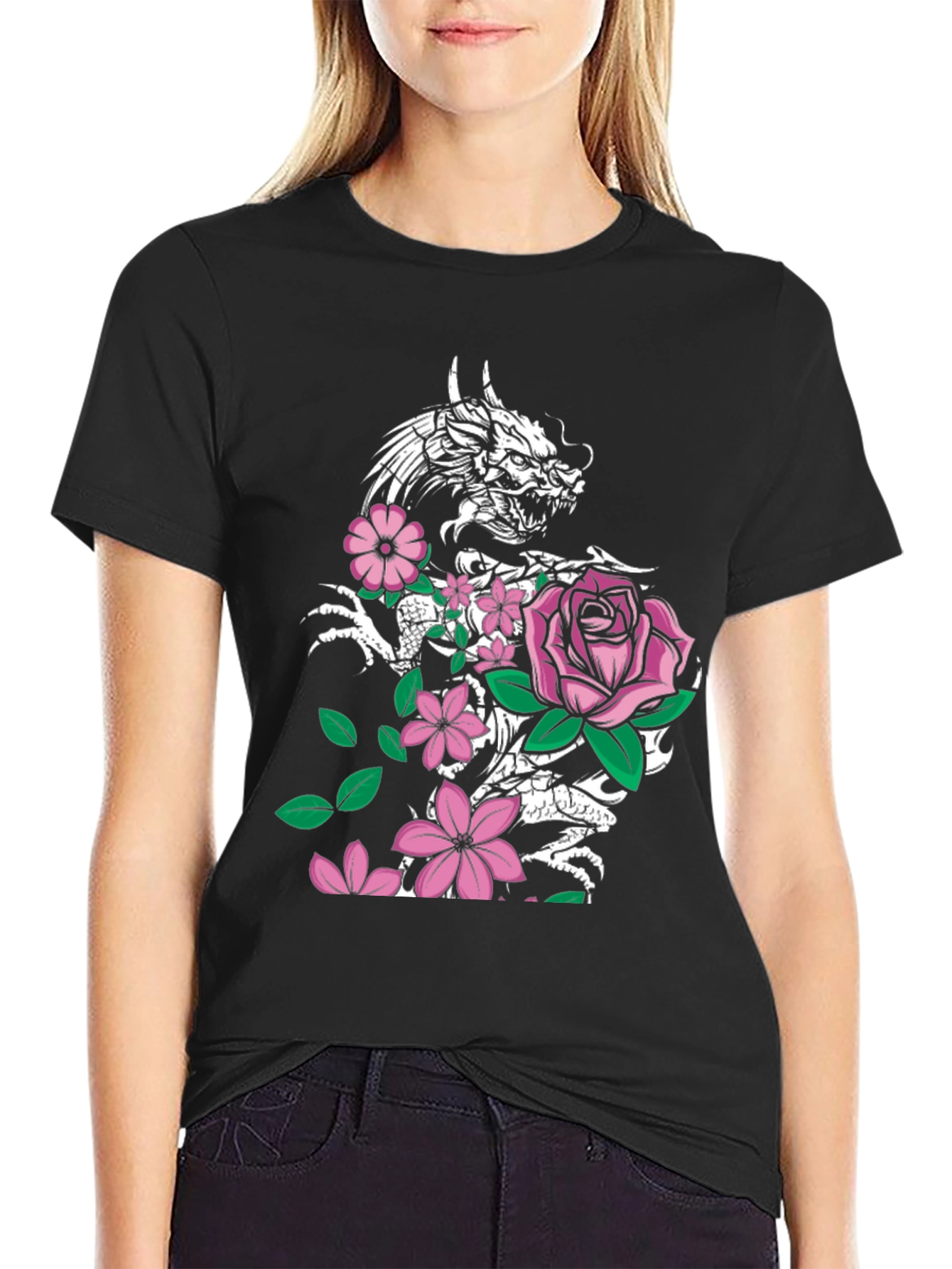 Dragon and Floral Print Black T-Shirt