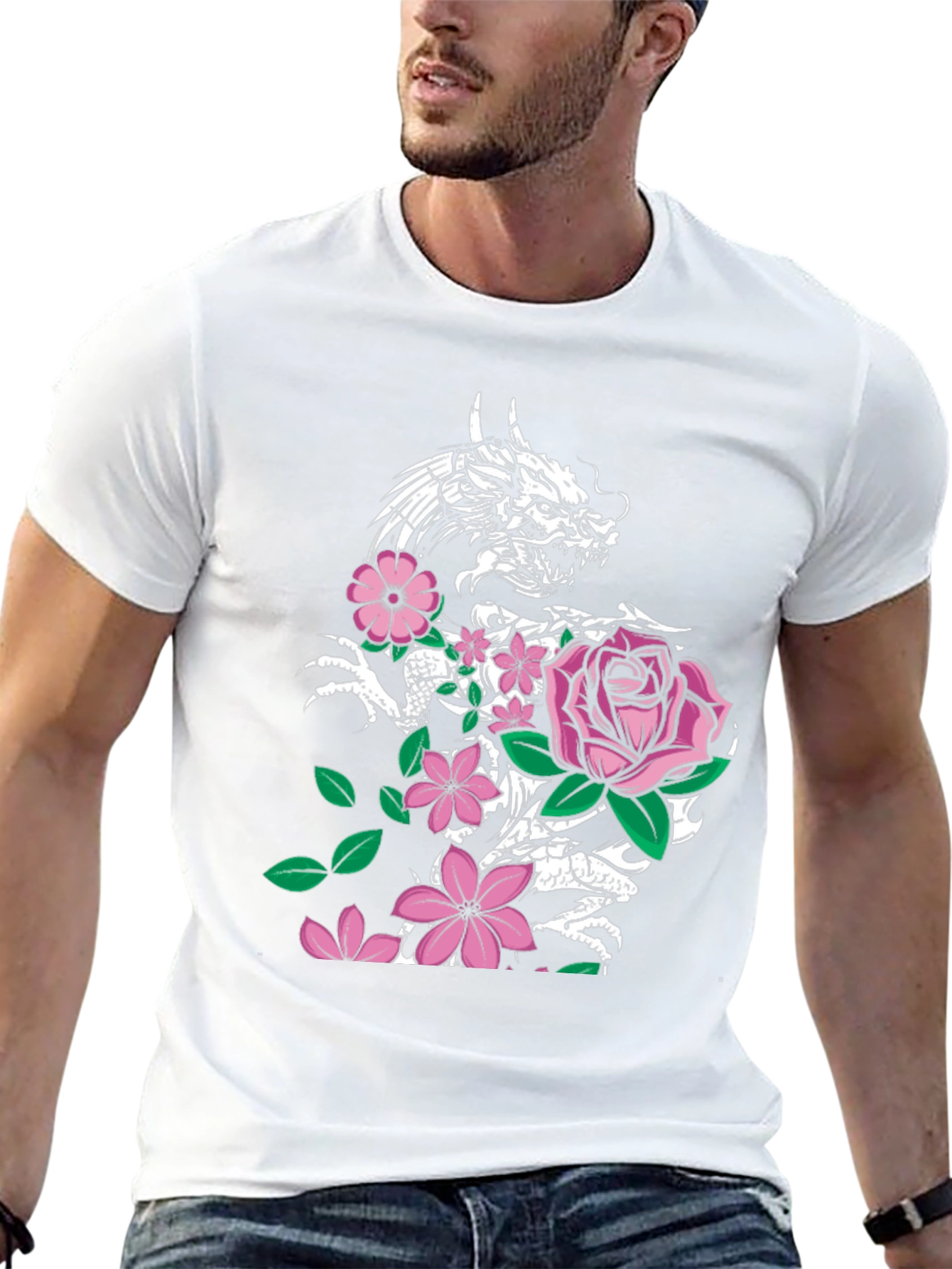 Dragon and Floral Print Black T-Shirt