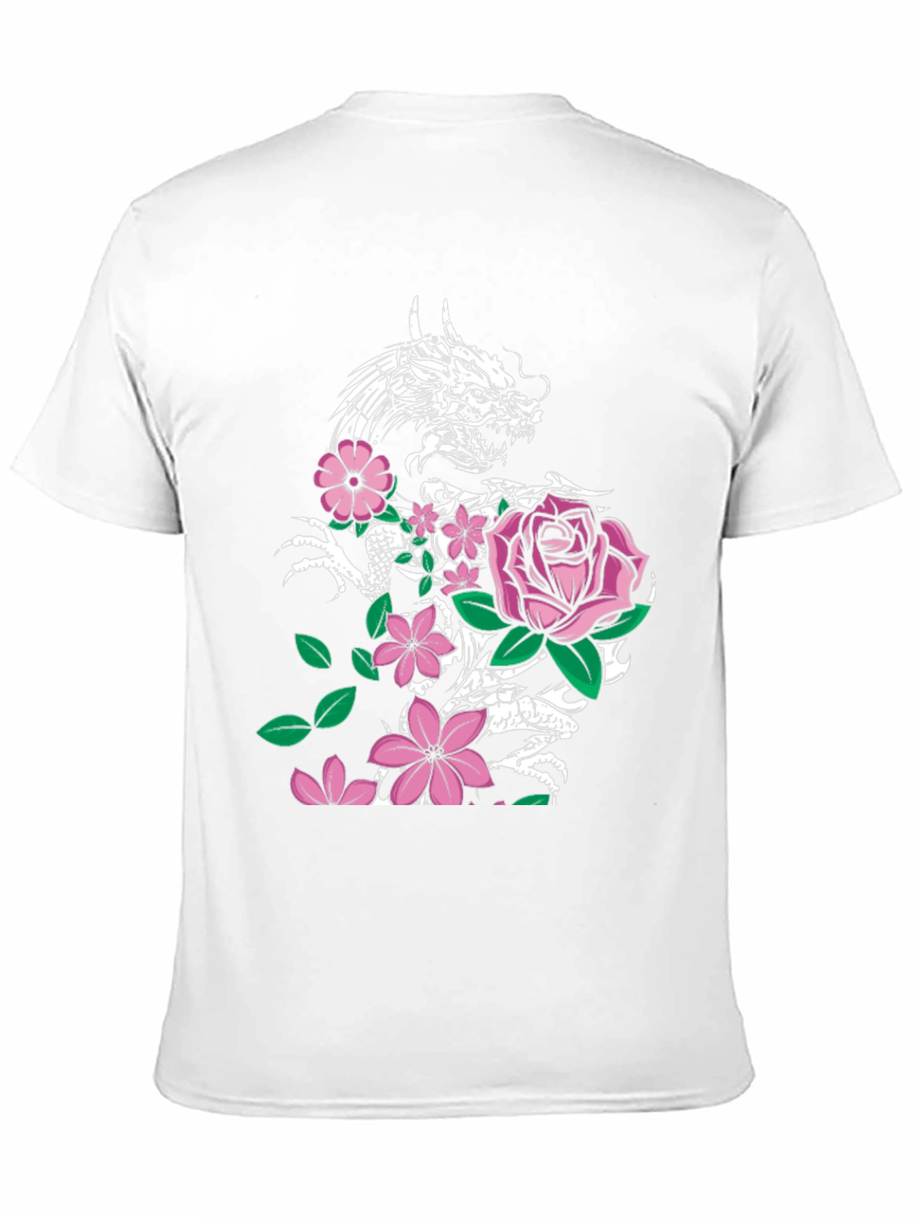 Dragon and Floral Print Black T-Shirt