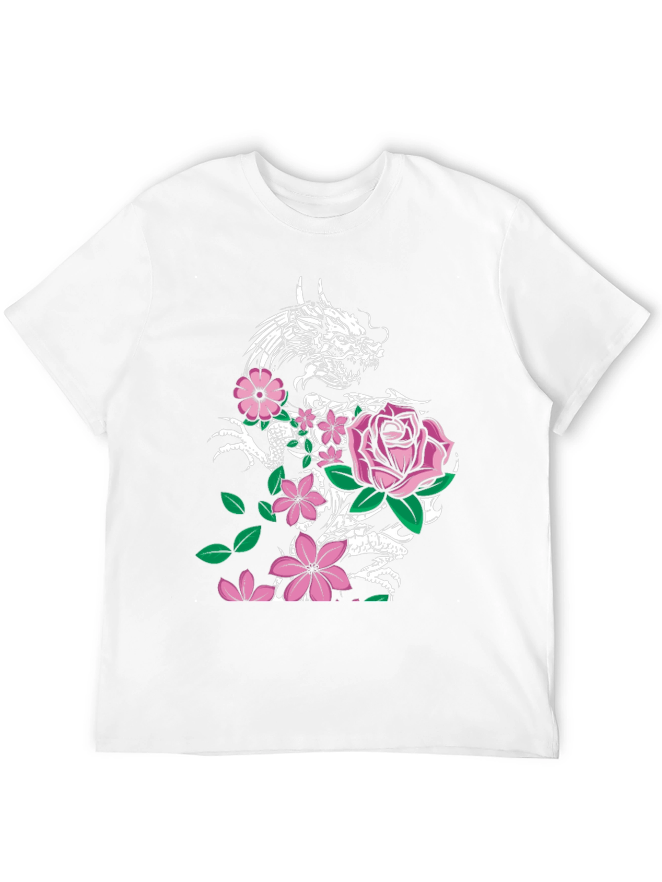 Dragon and Floral Print Black T-Shirt