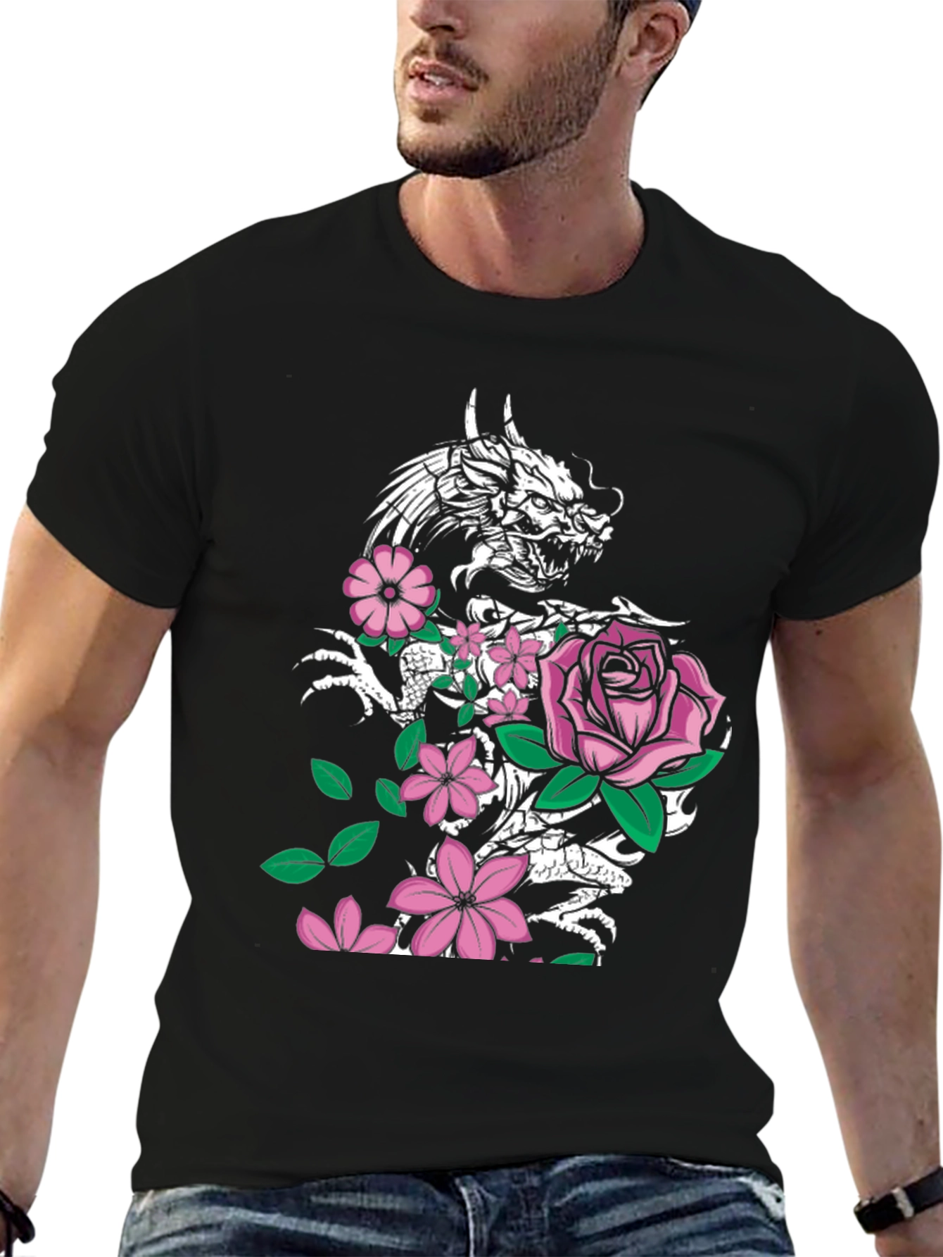 Dragon and Floral Print Black T-Shirt