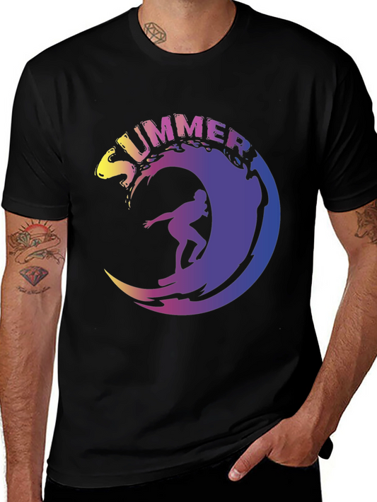 Summer Surfing Wave Graphic Tee - Black
